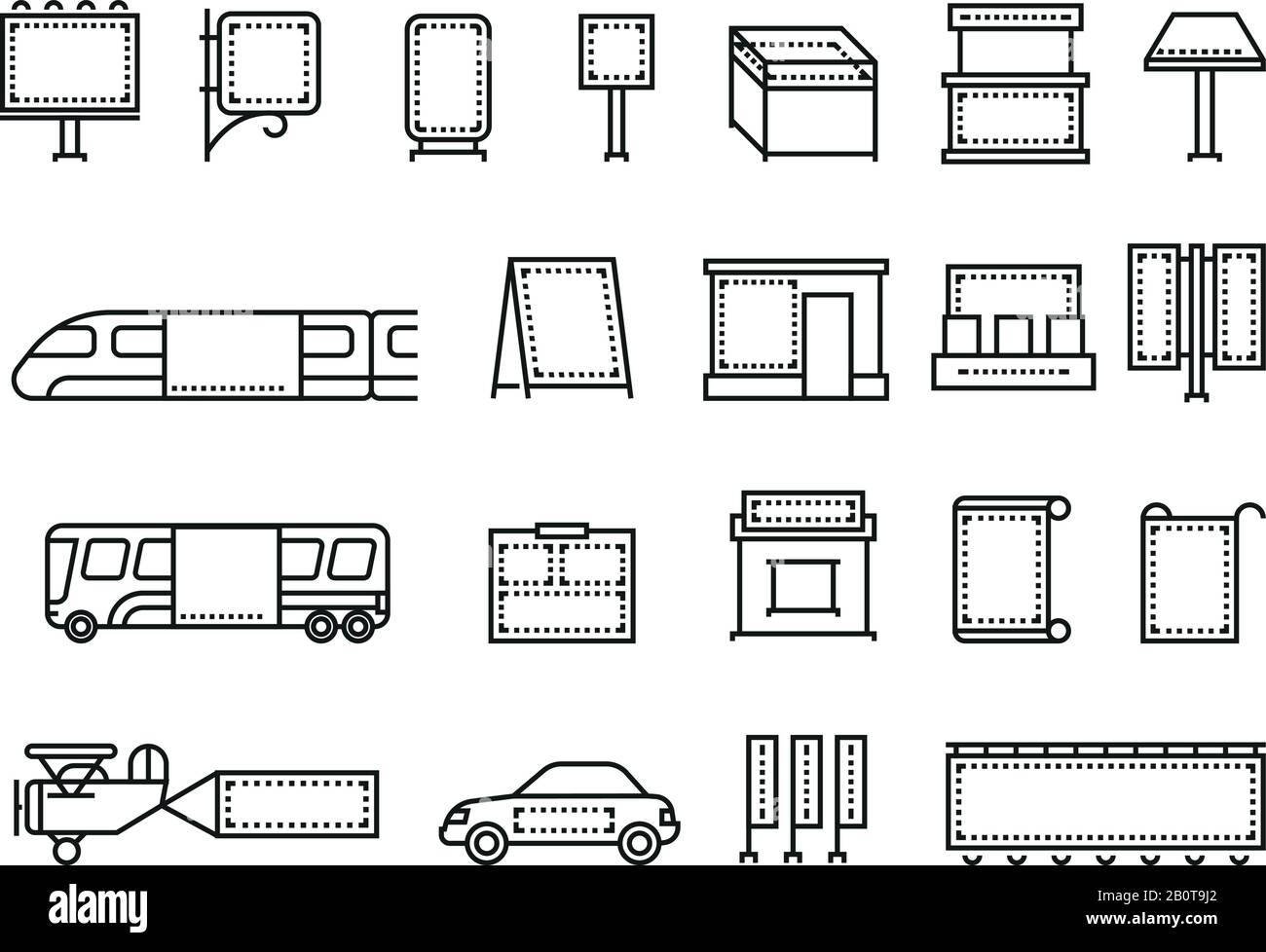 Bannières publicitaires extérieures et transport annoncer les icônes de ligne vectorielle. Affichage publicitaire sur le transport, illustration de l'endroit pour la publicité Illustration de Vecteur