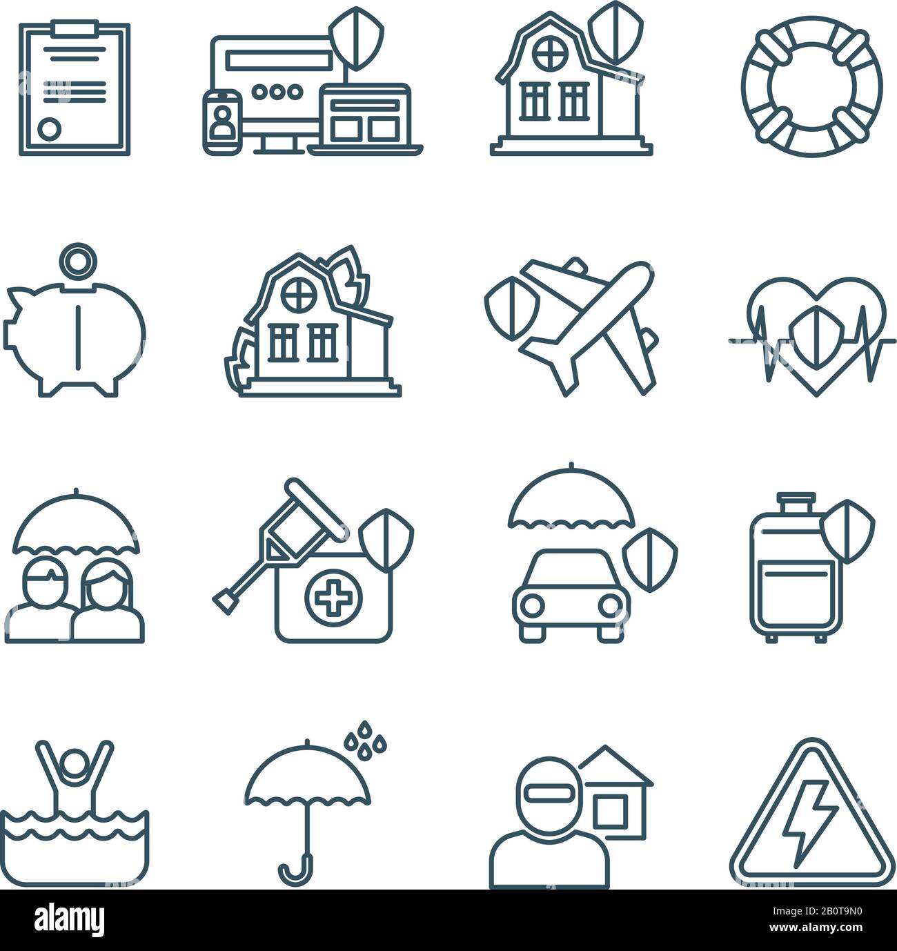 Vie, maison et assurance voiture lignes minces icônes vectorielles. Panneaux linéaires de sécurité et d'assurance pour la maison et le voyage Illustration de Vecteur