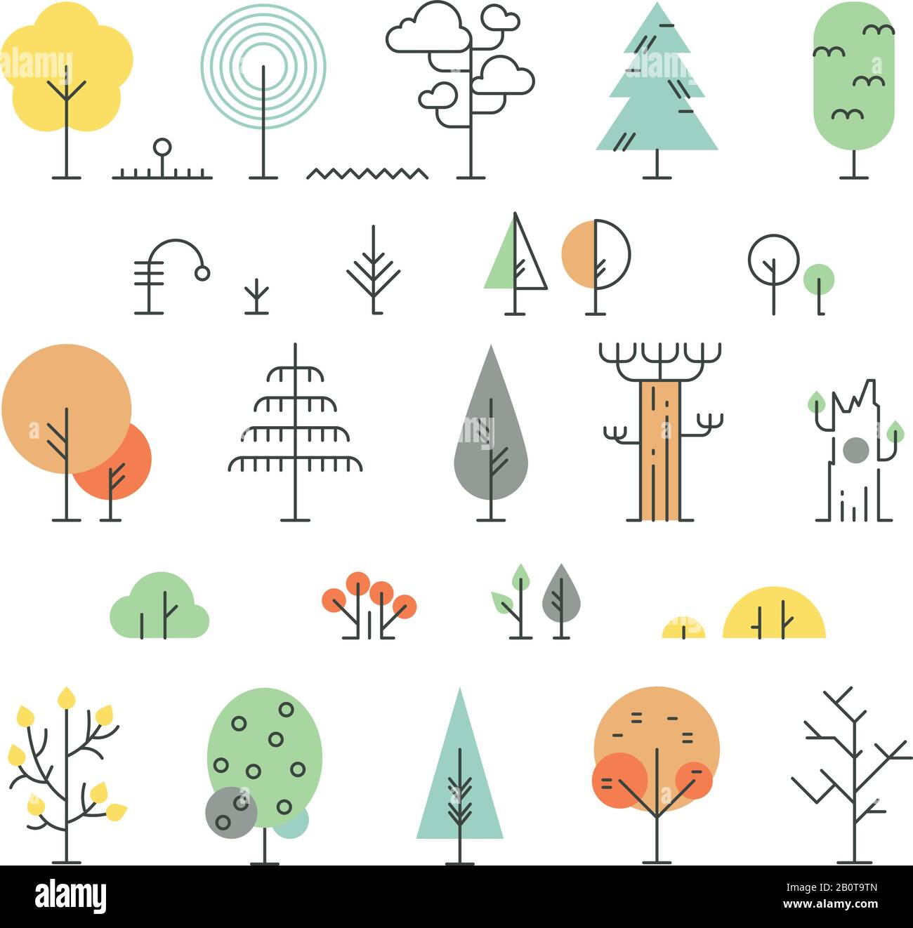 Les arbres forestiers alignent des icônes avec des formes géométriques simples. Style linéaire d'arbre simple. Illustration vectorielle Illustration de Vecteur