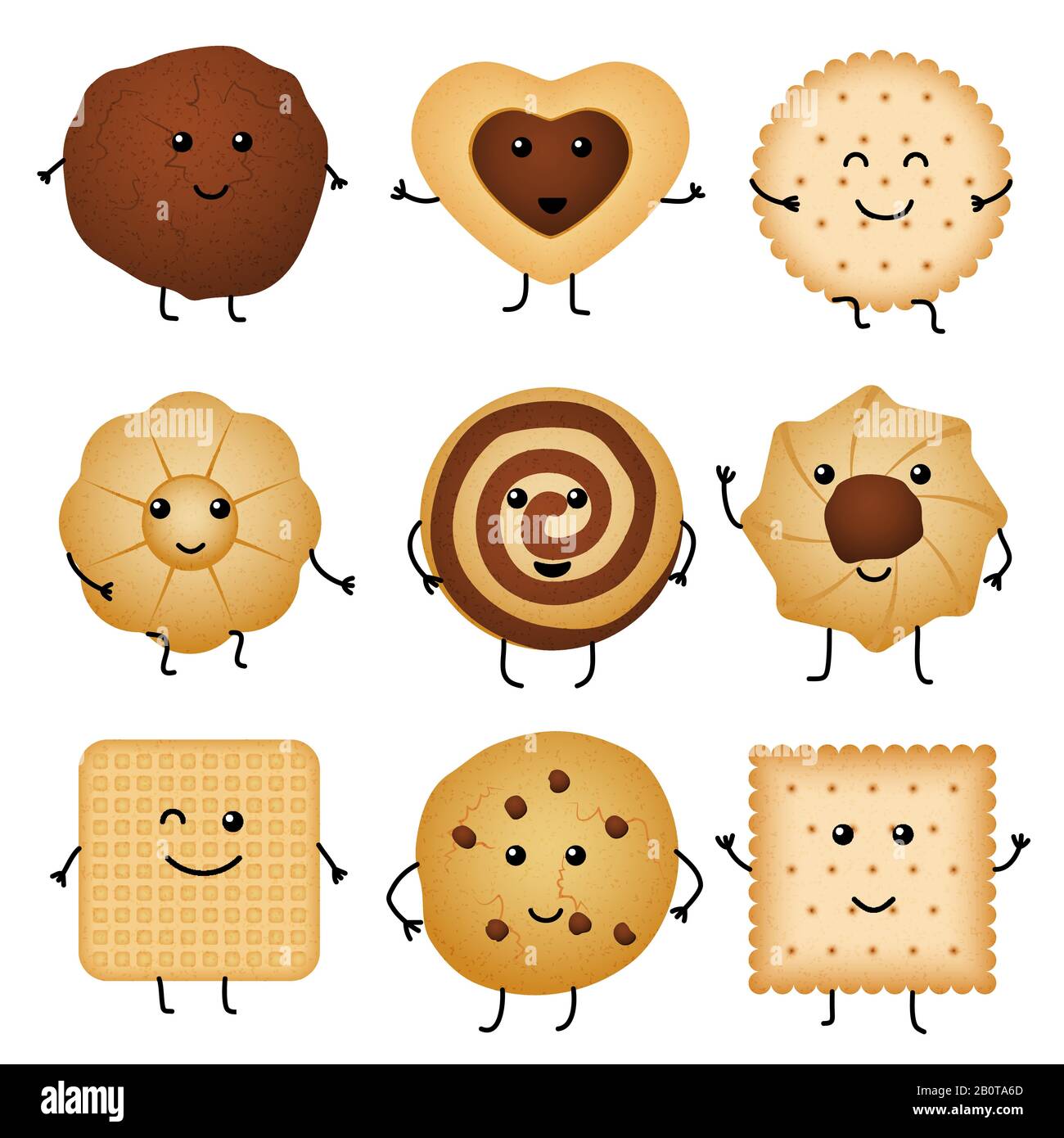 Mignon dessin animé drôle cookies, boulangerie personnages vecteur collection. Cookie heureux de caractère de dessin animé, illustration de cookie sucré avec du chocolat Illustration de Vecteur