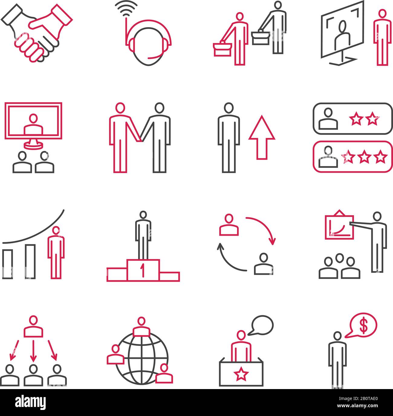 Analyse commerciale et support expert des clients, du travail d'équipe et des pictogrammes vectoriels de leadership. Gestion des affaires, illustration du partenariat et de l'entreprise en affaires Illustration de Vecteur