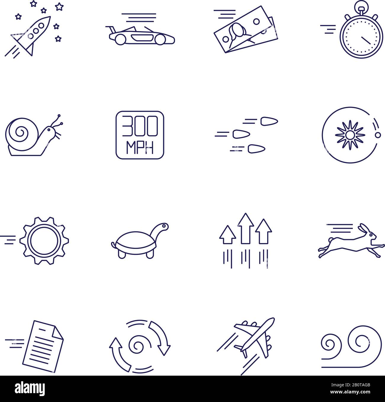 Icônes linéaires de mouvement et de vitesse. Signes vectoriels lents et rapides. Icône de la ligne de vitesse, illustration du véhicule à vitesse et de l'animal Illustration de Vecteur