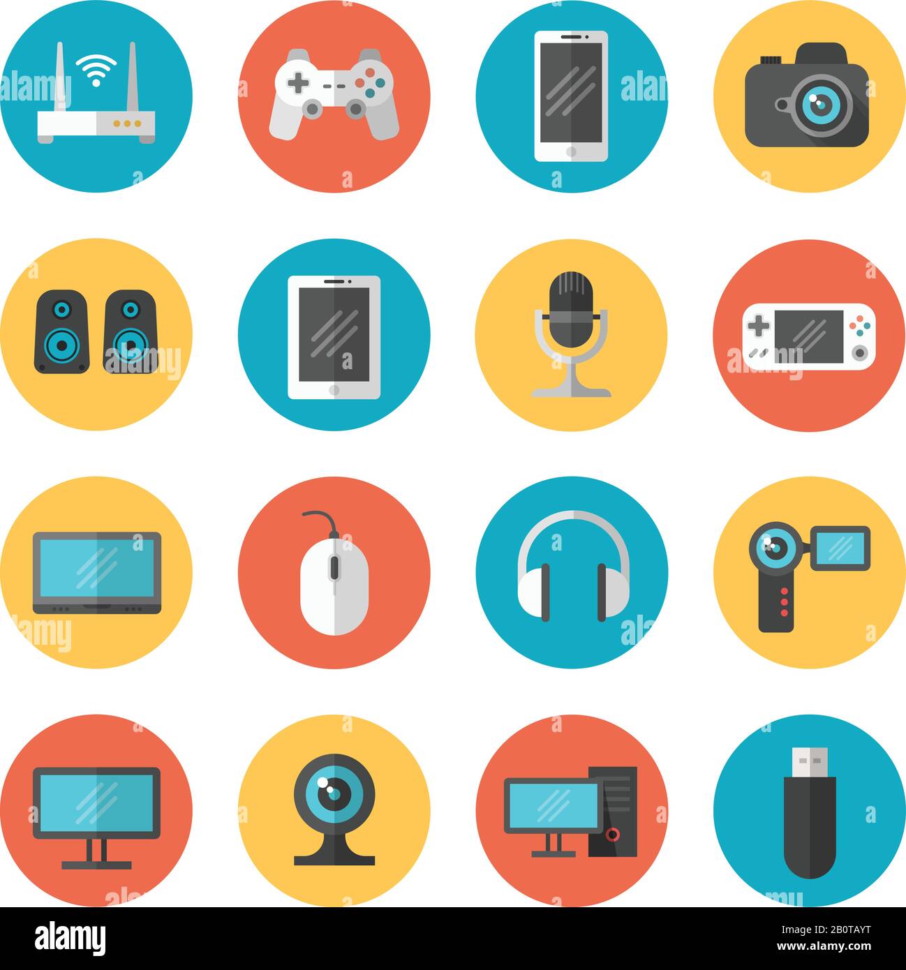 Gadgets électroniques et icônes vectorielles plates de l'appareil. Téléphone et webcam, illustration du périphérique et de la tablette Illustration de Vecteur