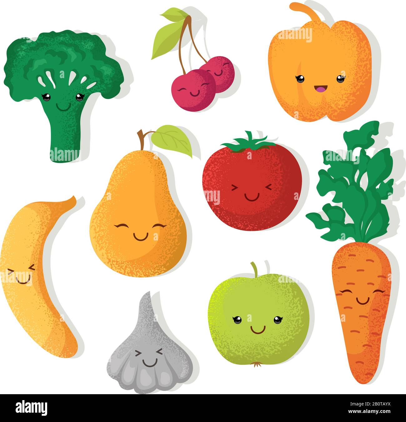 Dessins animés de drôles de fruits et de légumes personnages vectoriels. Illustration des fruits et légumes, de la tomate et de la poire Illustration de Vecteur