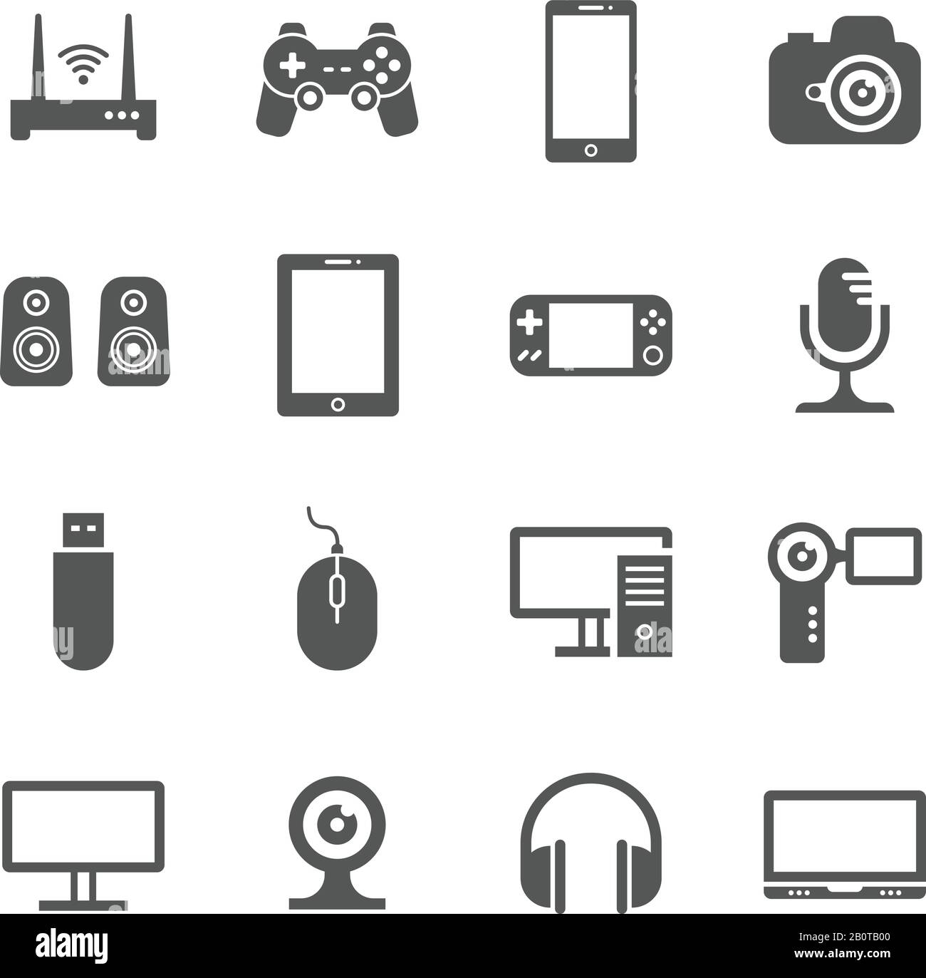 Gadgets informatiques et icônes vectorielles de périphériques numériques portables. Vidéo et audio de dispositifs électroniques, illustration de dispositifs de gadgets Illustration de Vecteur