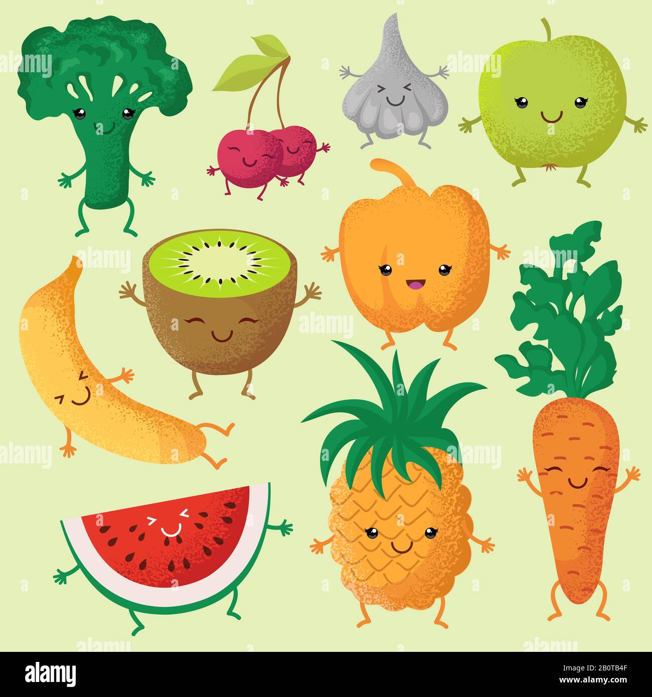 Joyeux dessin animé fruits et légumes de jardin avec des visages drôles personnages vectoriels. Les fruits sourient le visage, l'illustration de légumes et de fruits de caractère Illustration de Vecteur