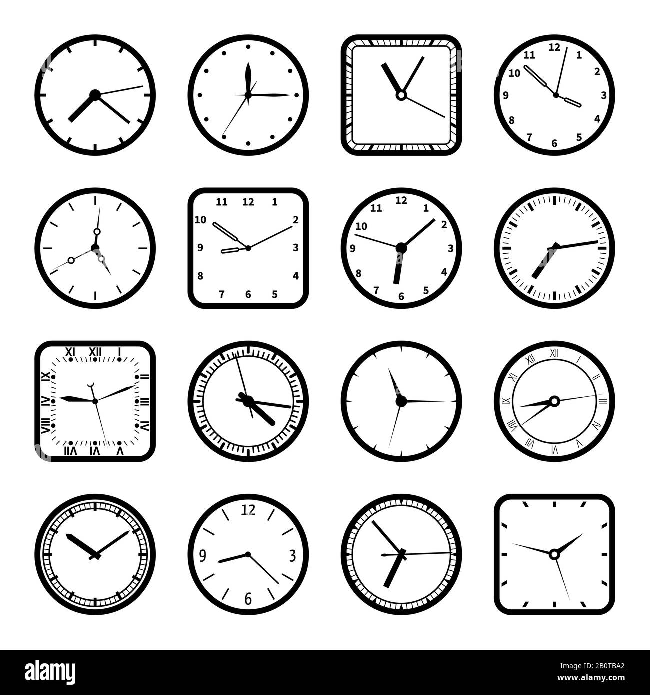 Faces de l'horloge murale numérique, icônes de vecteur horaire définies. Collection d'équipements d'horloge, illustration du jeu d'horloges Illustration de Vecteur