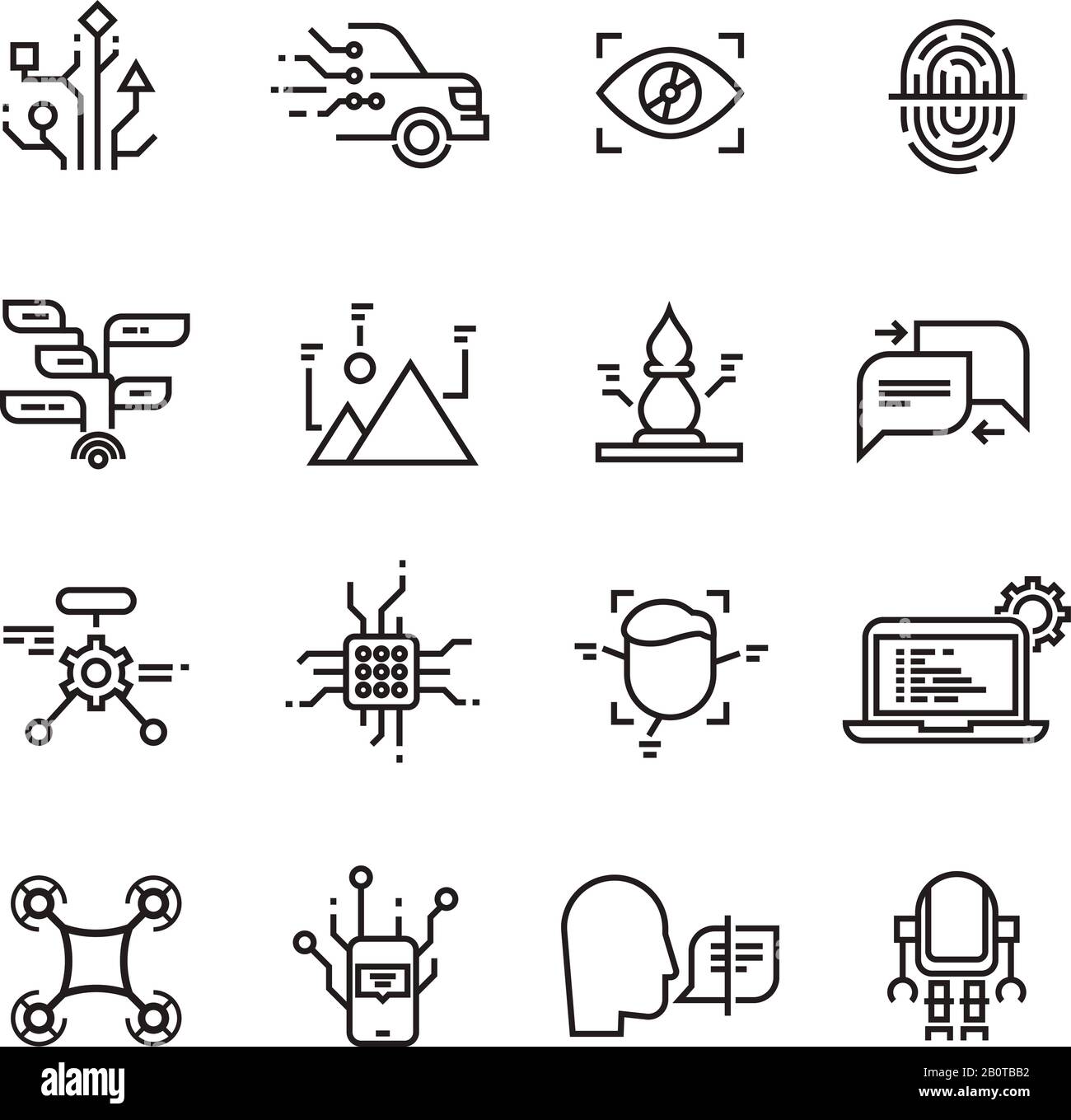 Réseau neuronal, icônes de vecteur de ligne d'intelligence artificielle. Reconnaissance du visage, de la parole et de l'image. Ordinateur de machine avec intelligence artificielle, illustration du lien neural avec l'intelligence artificielle Illustration de Vecteur