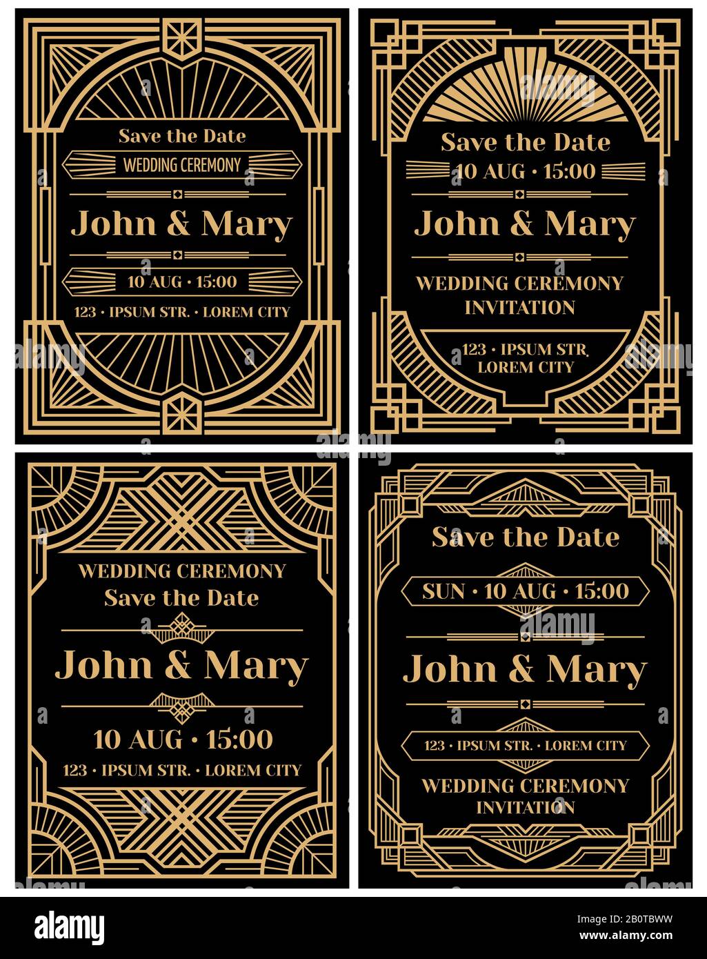 L'invitation moderne à un mariage est une maquette vectorielle dans un style rétro art déco classique. Motif carte d'invitation de mariage, illustration de l'invitation au mariage Illustration de Vecteur