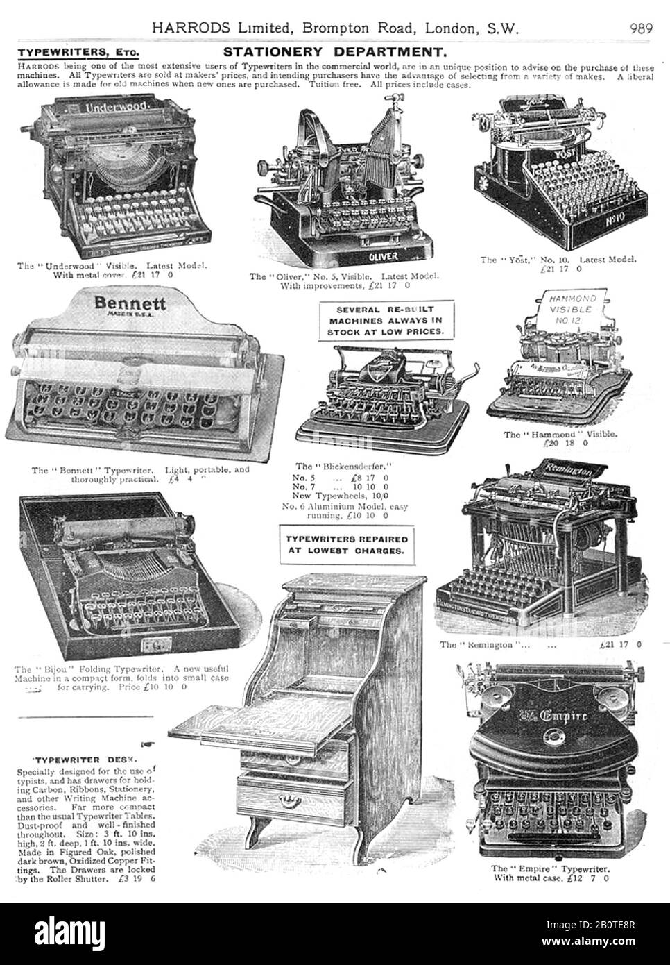 Machines à écrire dans le catalogue Harrods pour 1909 Banque D'Images
