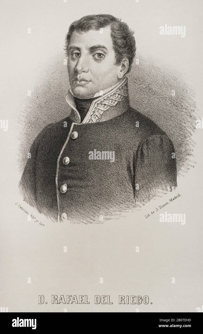 Rafael del Riego (1784-1823). Militaire et politicien espagnol. Il a proclamé la Constitution libérale de Cadix, À Cabezas de San Juan (province de Séville, Andalousie), inaugurant le Triennat libéral. Portrait. Illustration de J. Cebrian. Lithographie. Cronica Général De España. Historia Ilustrada y Descriptiva de sus Provincias. Asturies et Leon, 1867. Banque D'Images