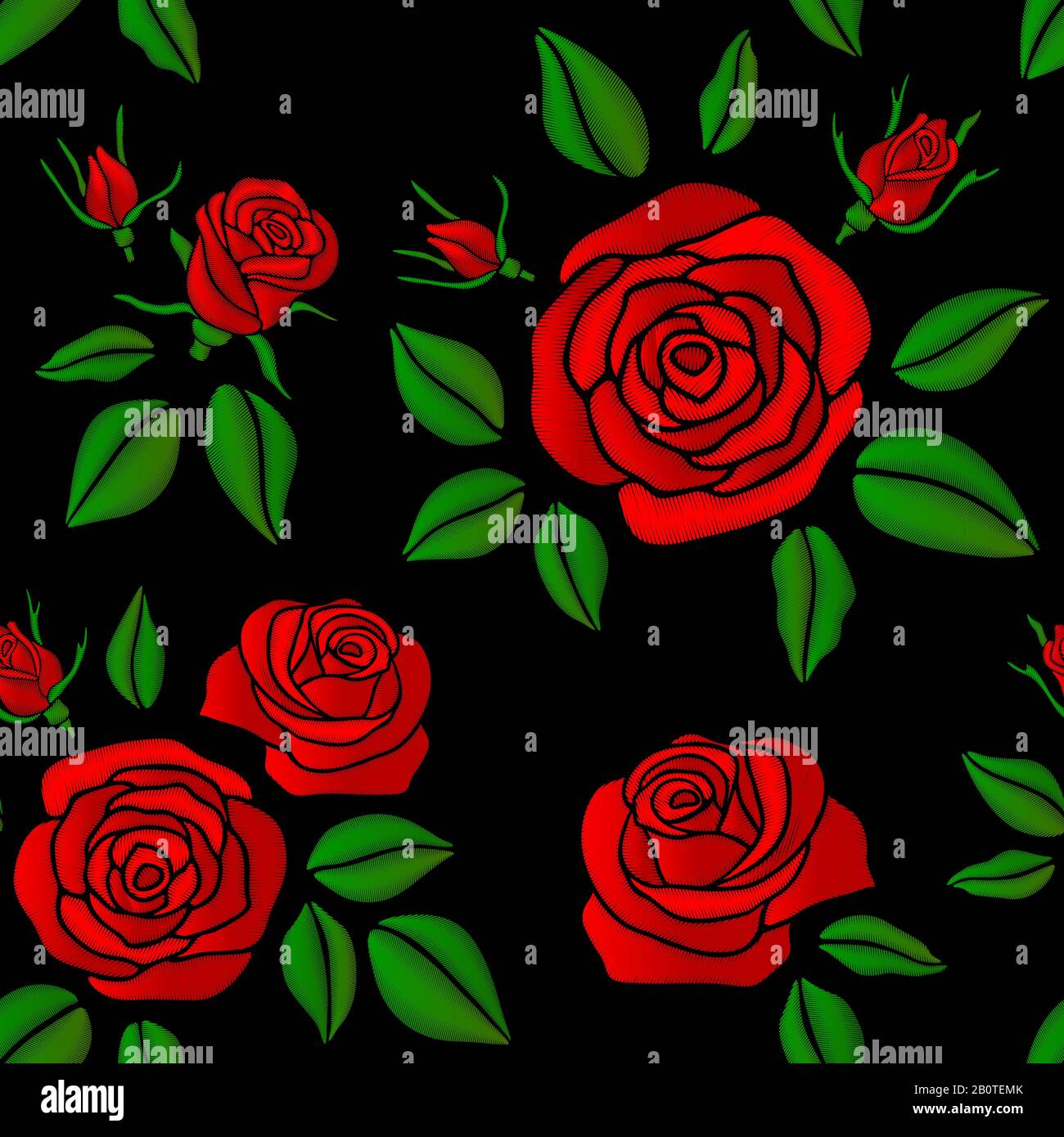 Fleurs roses rouges brodées vectorielles vintage sans couture motif fleuri pour un motif tendance. Broderie avec fleur rouge, motif rose de fleur de mode illustration Illustration de Vecteur