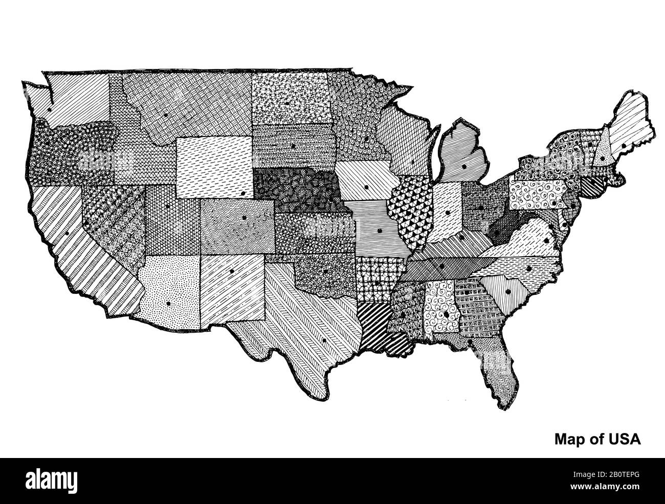 Carte des États-Unis avec régions et infographie. Illustration graphique blanche et noire avec carte des États-Unis. Carte américaine avec régions. Carte avec des couleurs grises abstraites. Banque D'Images