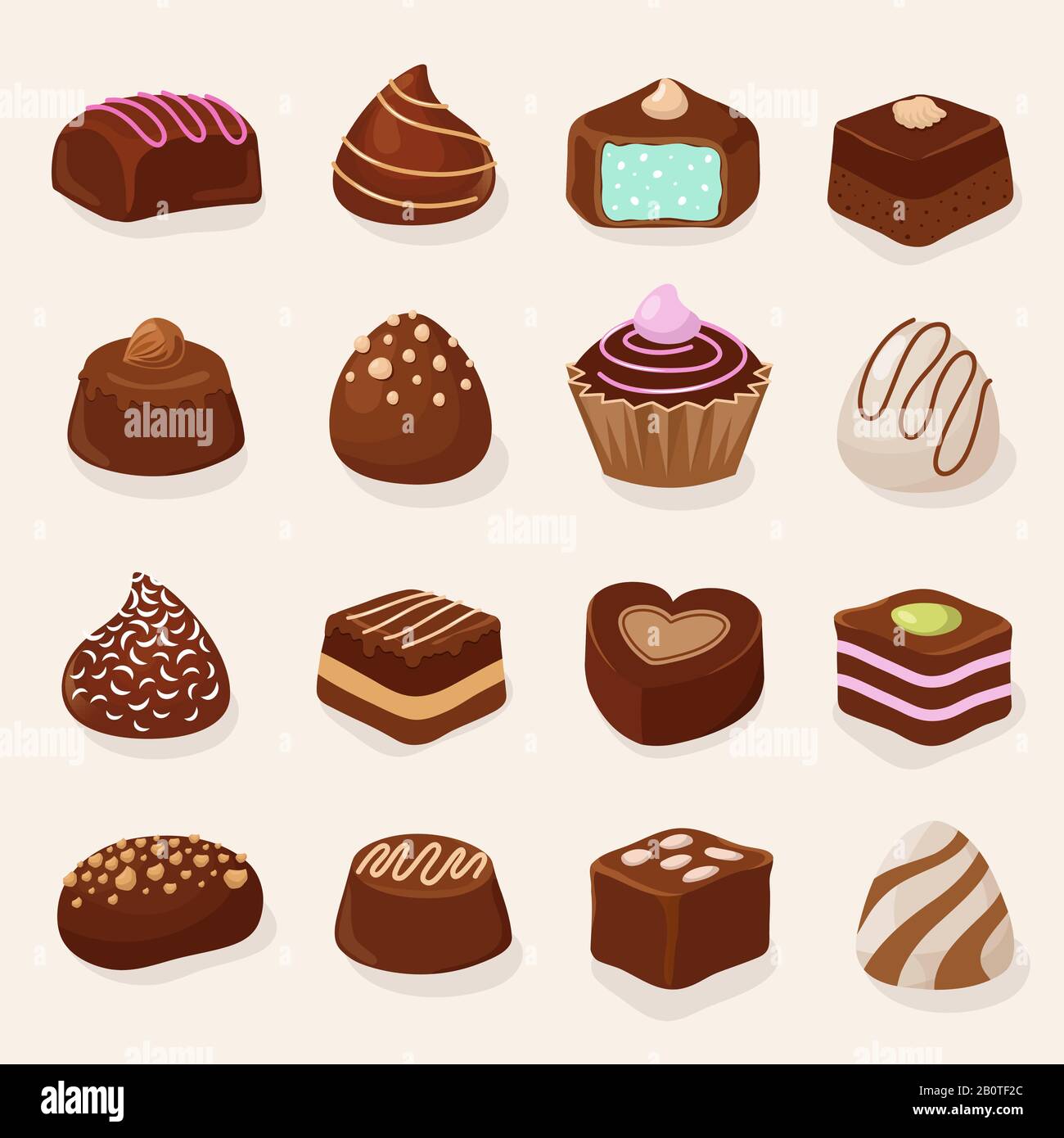 Ensemble vectoriel de desserts et bonbons au chocolat à dessin animé. Dessert de bonbons au chocolat, illustration d'un gâteau au chocolat sucré Illustration de Vecteur