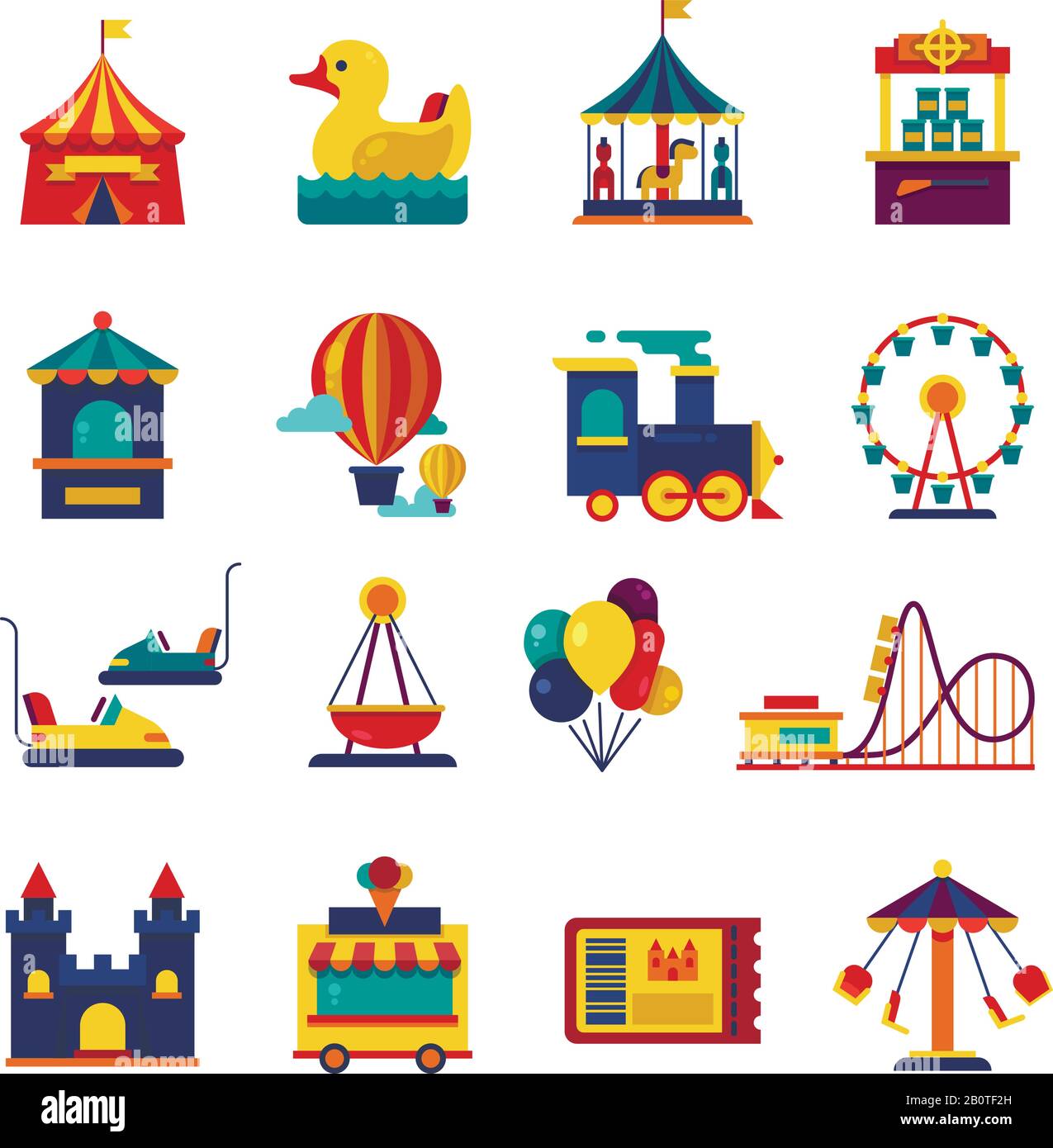 Jeux de parc d'expositions et icônes vectorielles plates de parc d'attractions. Icônes funkair ensemble de l'illustration de la roue ferris et du parc d'attractions Illustration de Vecteur