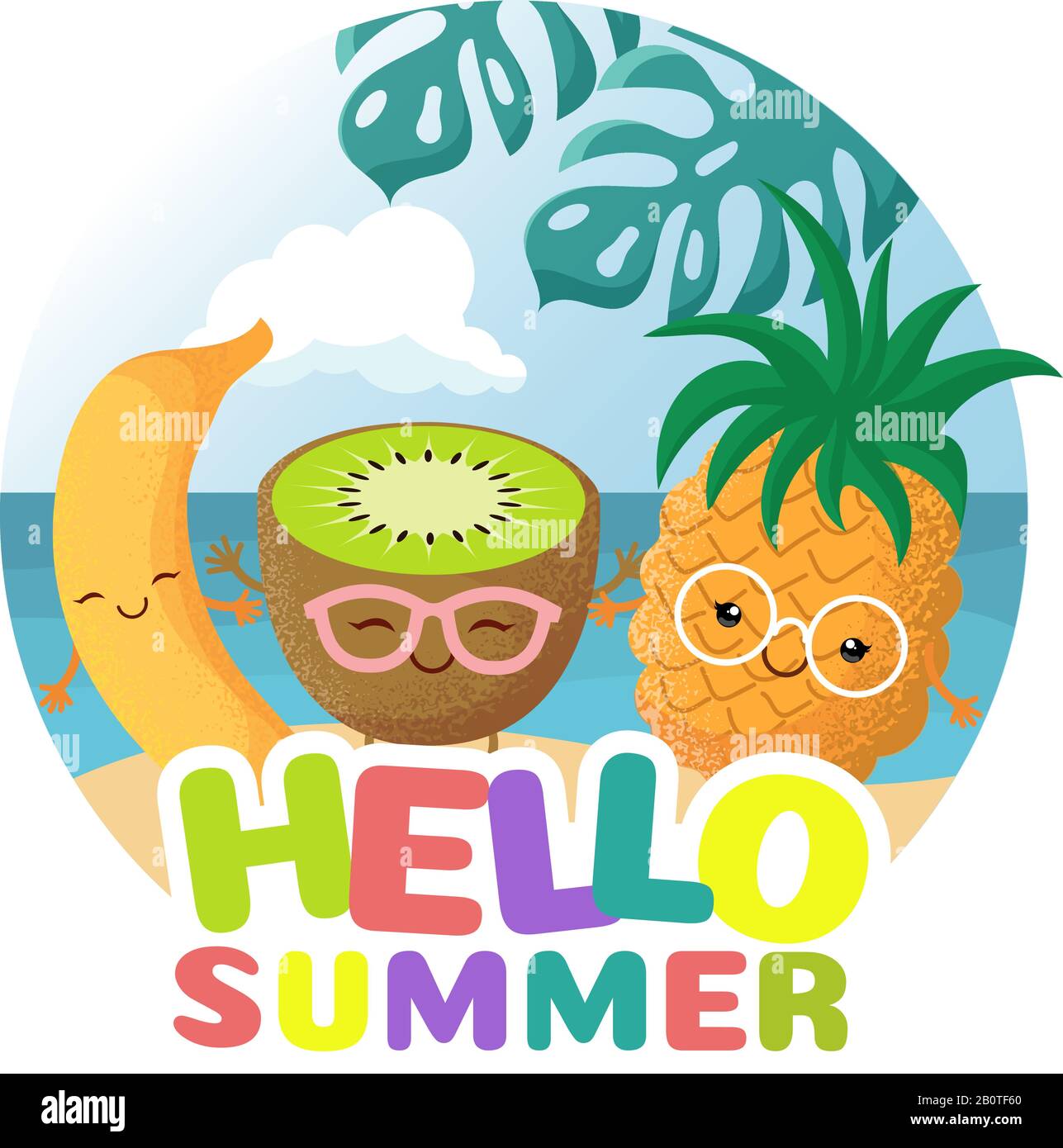 Plage d'été fête fond vectoriel avec des fruits tropicaux rigolo et souriants. Bonjour été et vacances, caractère ananas et kiwi illustration Illustration de Vecteur
