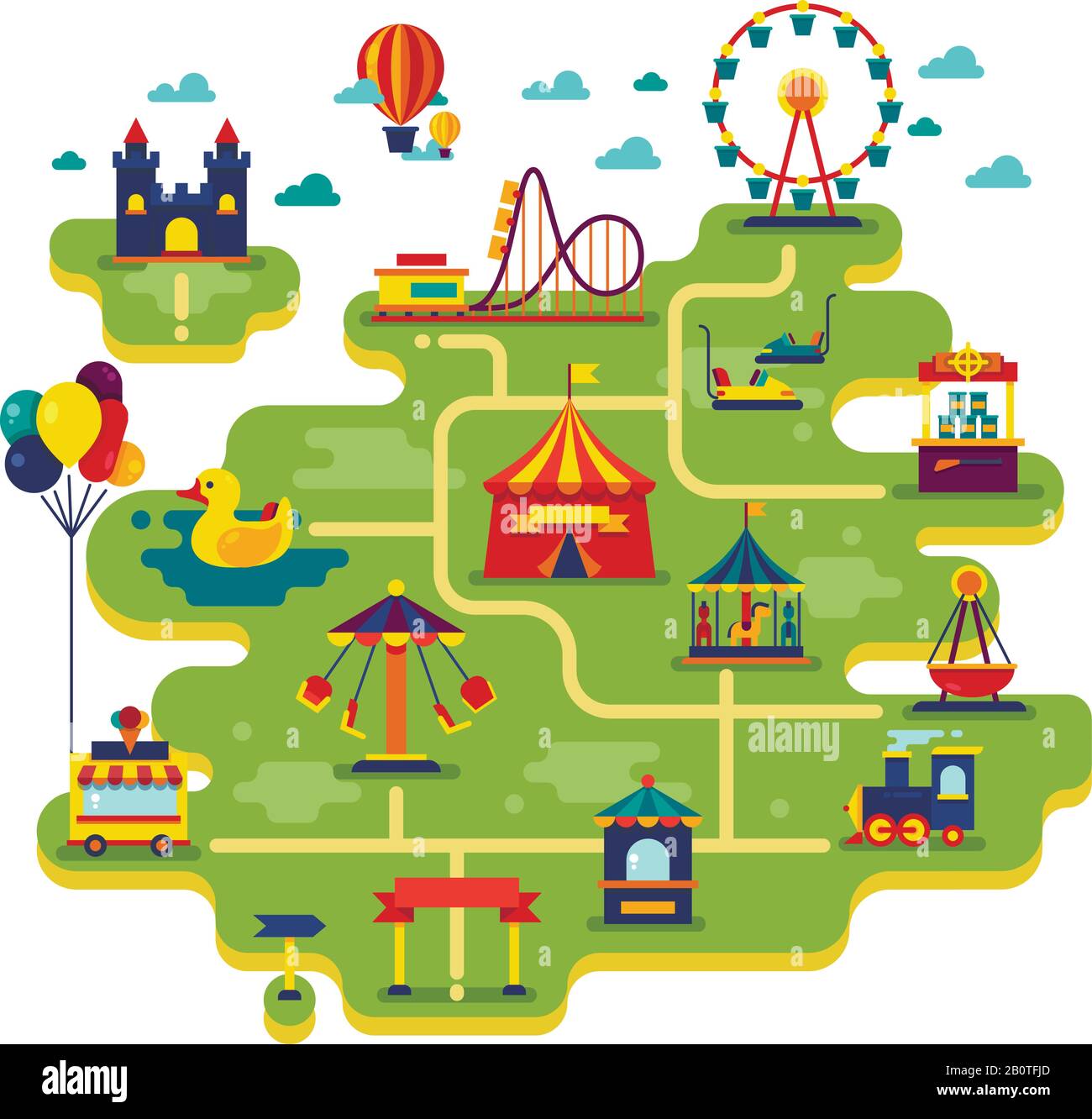 Carte vectorielle de parc d'attractions familial. Divertissement en arrière-plan vectoriel de vacances. Illustration du parc d'attractions et de divertissement du festival Illustration de Vecteur