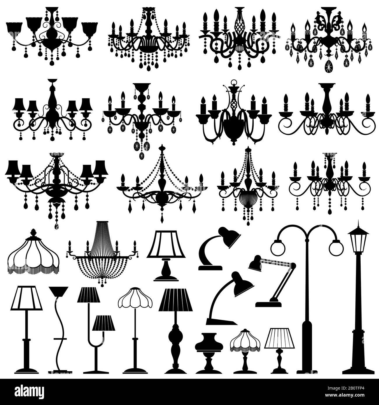 Éclairage intérieur et extérieur, lampes et chandeliers vecteur ensemble. Illustration d'un lustre de lampe silhouette noire et d'une lampe de table Illustration de Vecteur