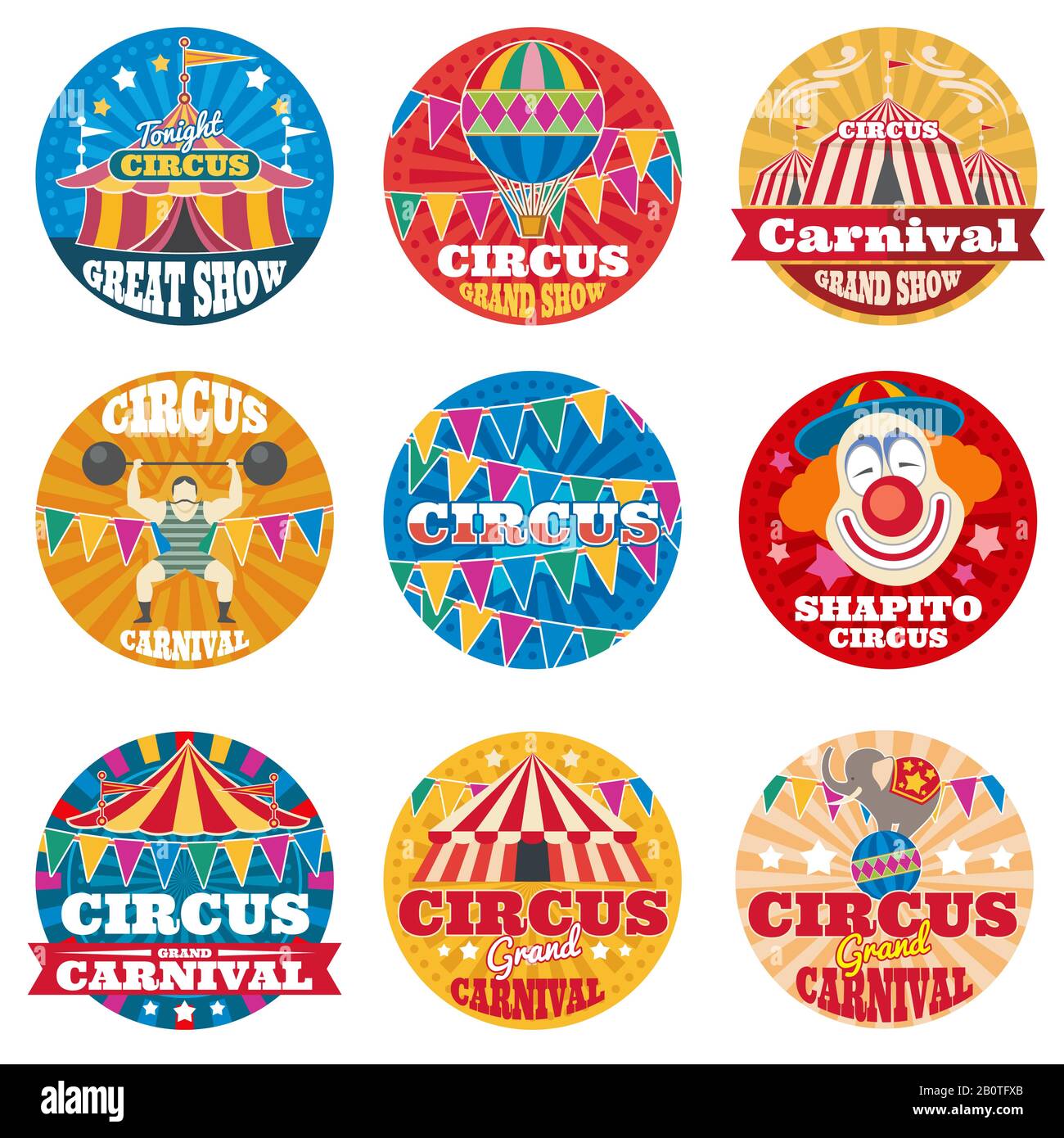Logos et étiquettes vectorielles vintage Circus. Illustration du logo de couleur du grand carnaval Circus Illustration de Vecteur