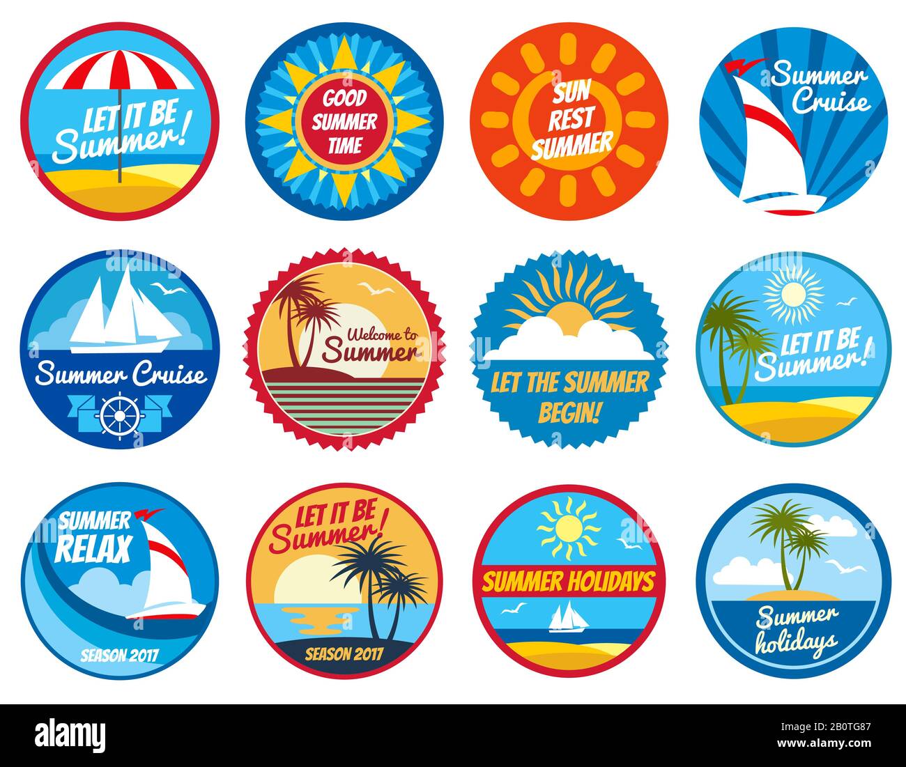 Étiquettes été vintage. Logos vectoriels tropicaux de vacances avec typographie. Vacances d'été tropical, illustration des autocollants d'été Illustration de Vecteur