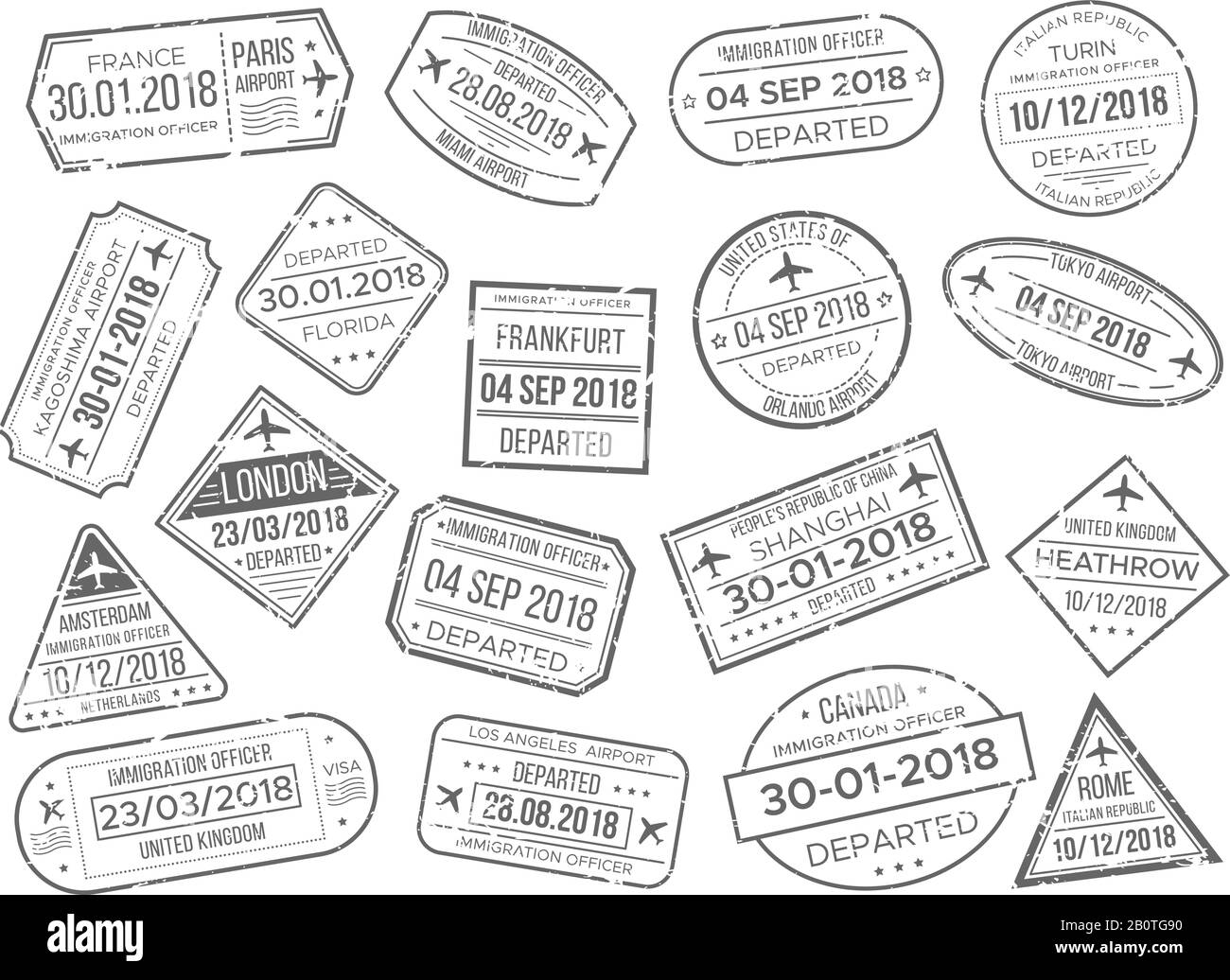 La marque de cachet de l'aéroport d'affaires et les passeports douaniers contrôlent le timbre. Ensemble vectoriel de timbres officiels de voyage et d'immigration à l'étranger Illustration de Vecteur