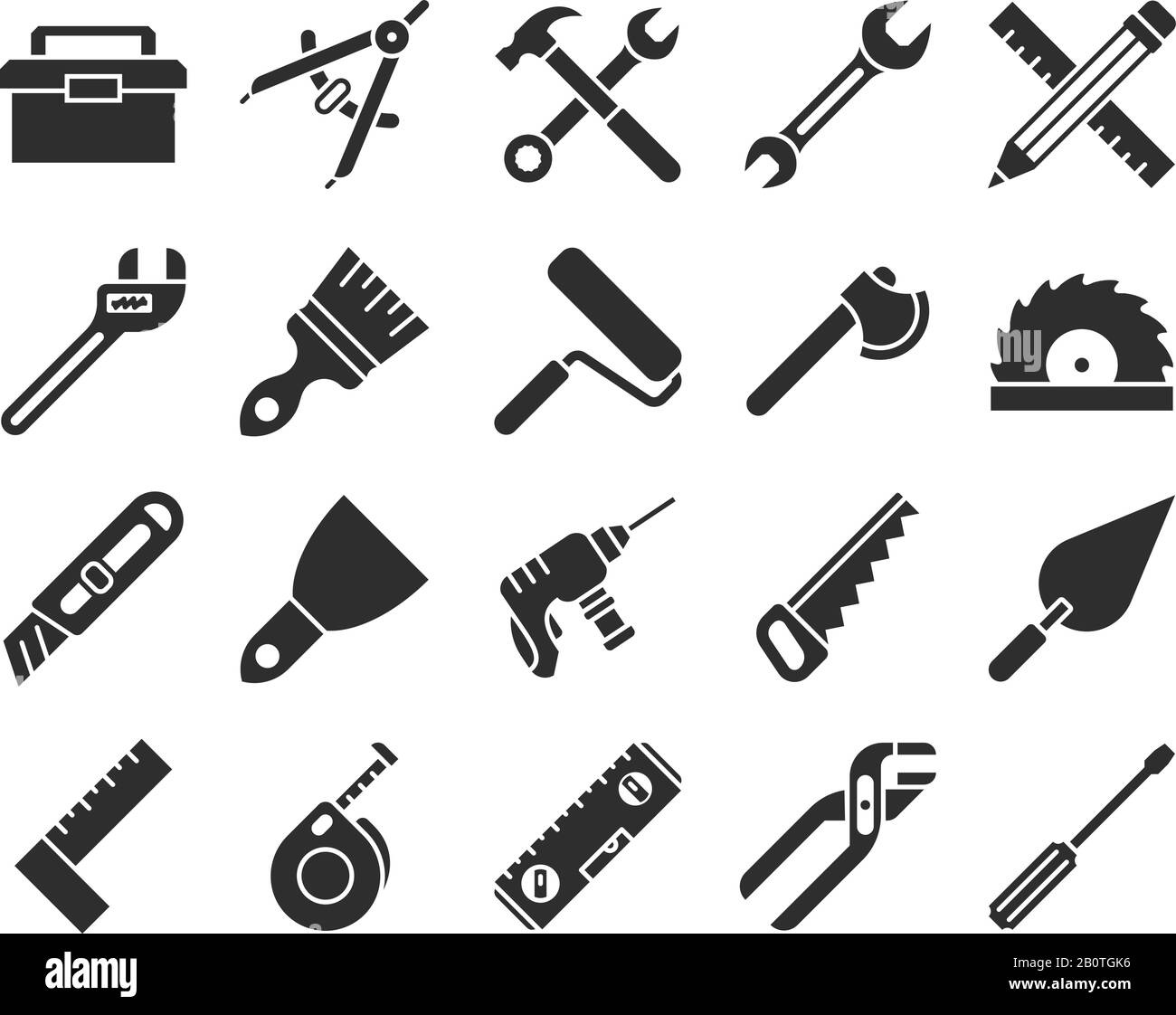 Outils de construction et d'ingénierie icônes vectorielles silhouette. Silhouette du matériel de fixation du marteau et de l'équipement, illustration du foret et de la clé Illustration de Vecteur