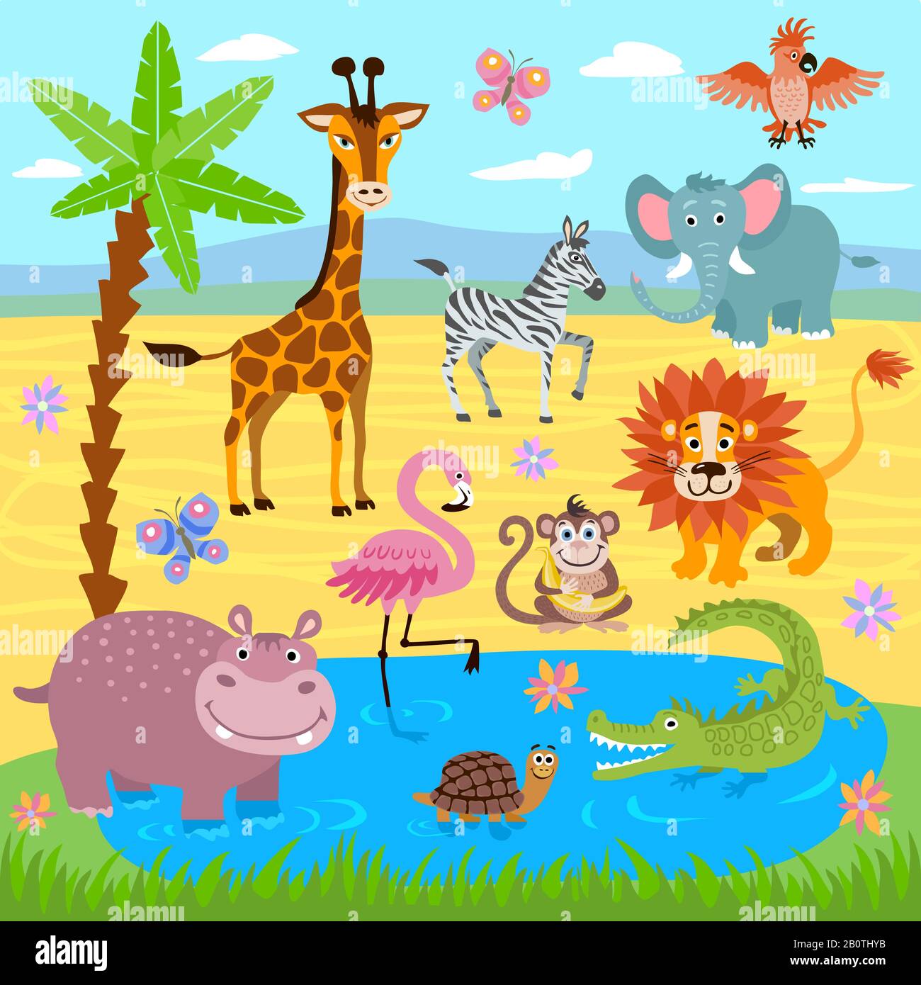Jungle de bébé et zoo safari animaux vecteur nature fond. Zoo de safari sauvage, illustration de girafe et de tortue d'animaux sauvages Illustration de Vecteur