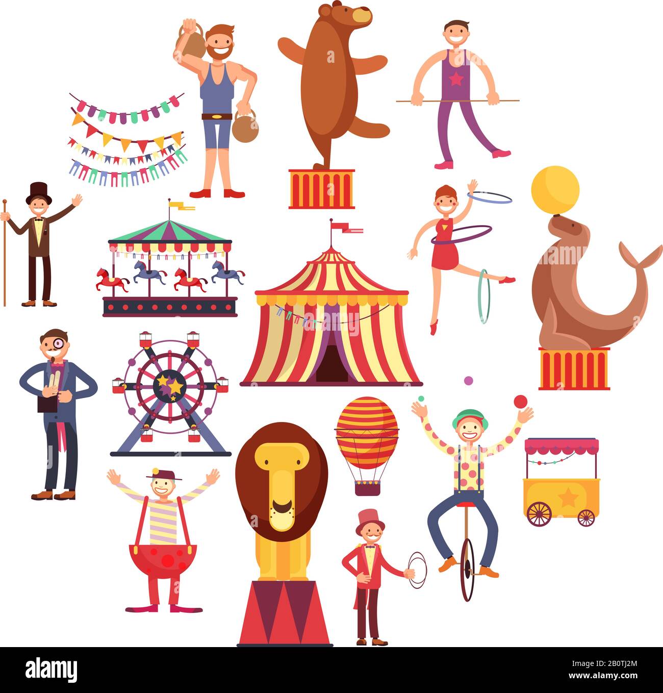 Symboles vectoriels plats pour le carnaval de cirque dans un motif circulaire. Spectacle de clown de dessin animé et d'acrobat dans l'illustration de cirque Illustration de Vecteur