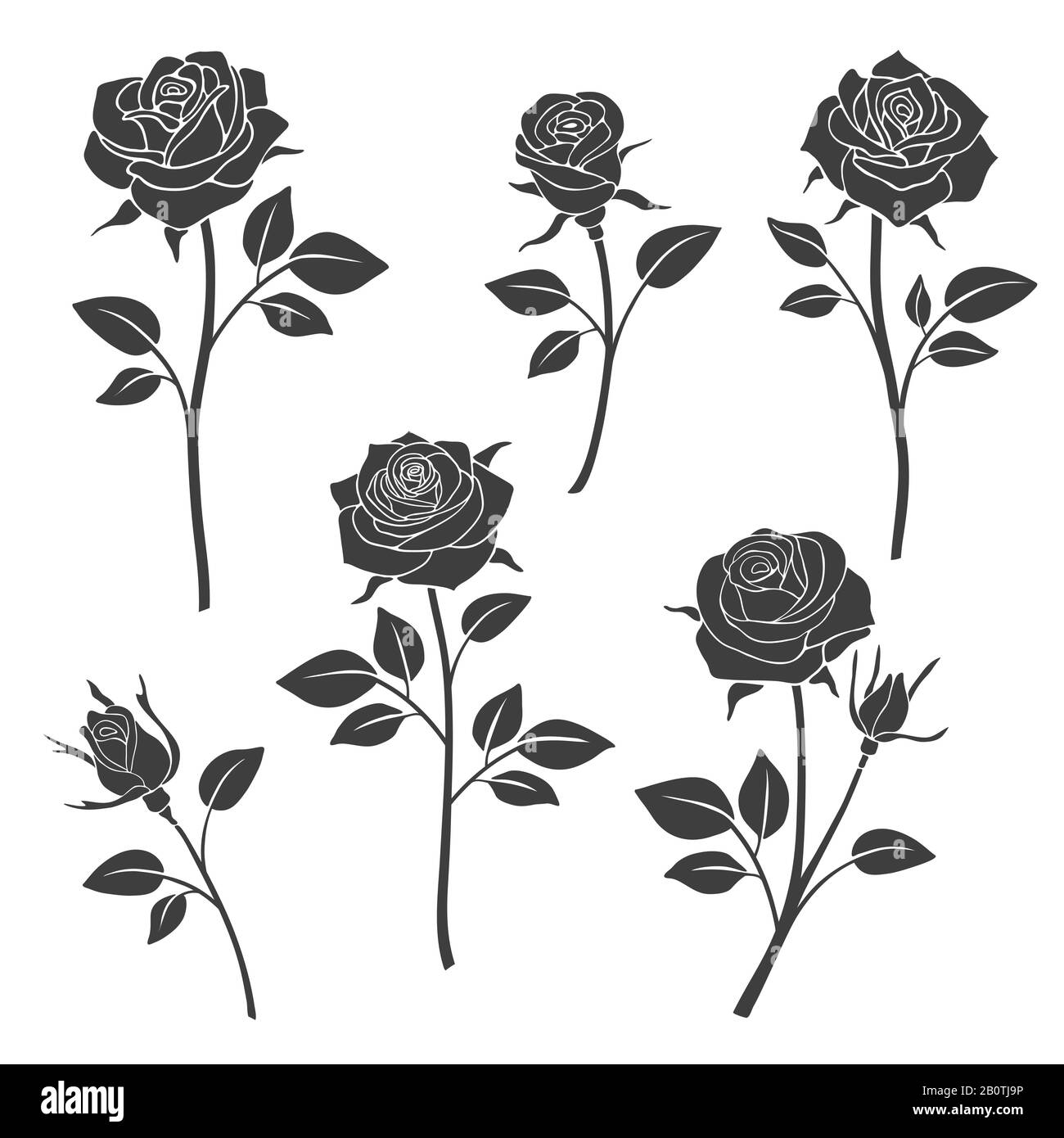Silhouettes vectorielles pour bourgeons roses. Éléments de conception de fleurs. Illustration tatouage rose monochrome Illustration de Vecteur