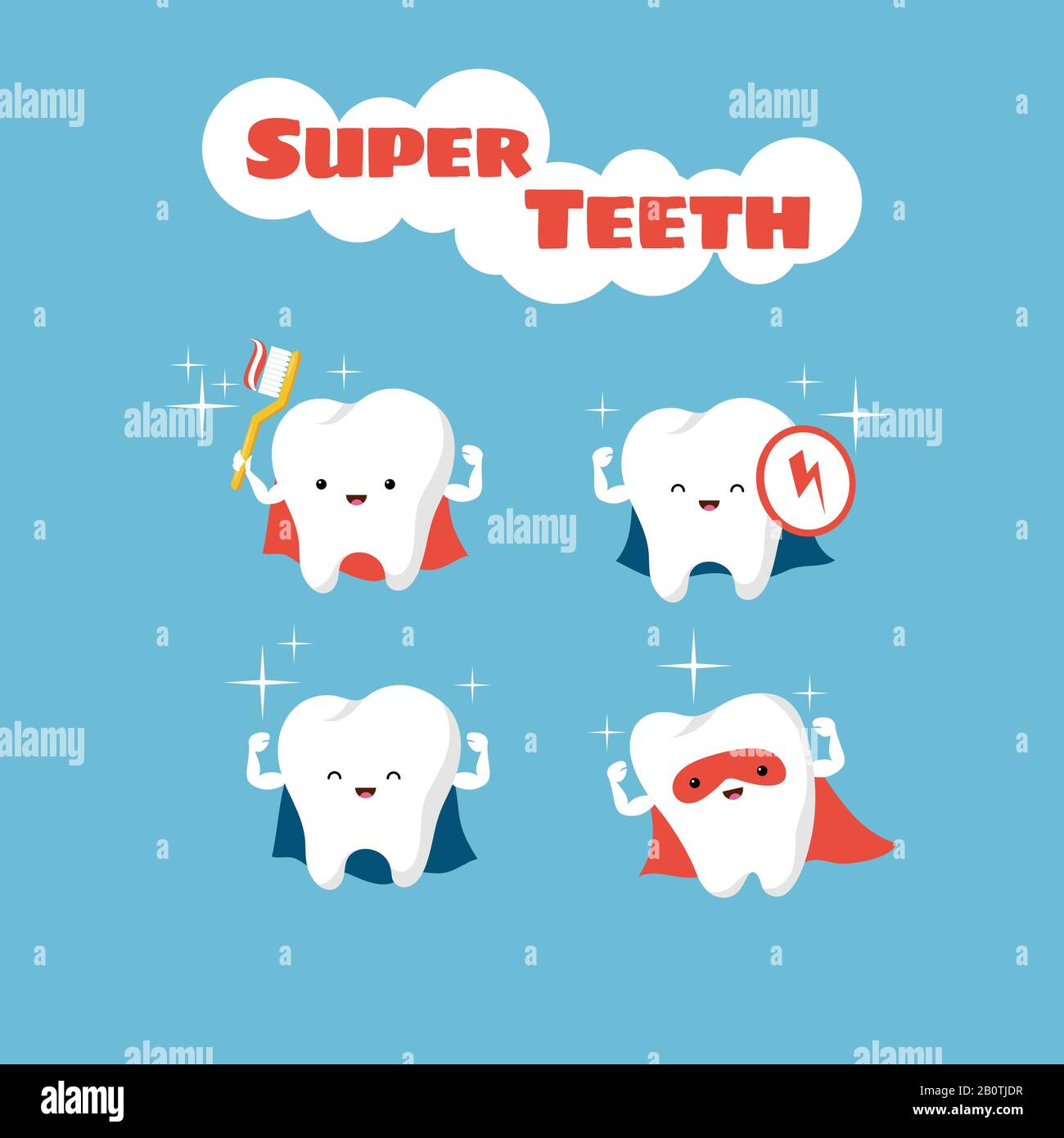 Super héros souriant enfants dents personnages vectoriels. Illustration du super-héros du personnage de dent Illustration de Vecteur