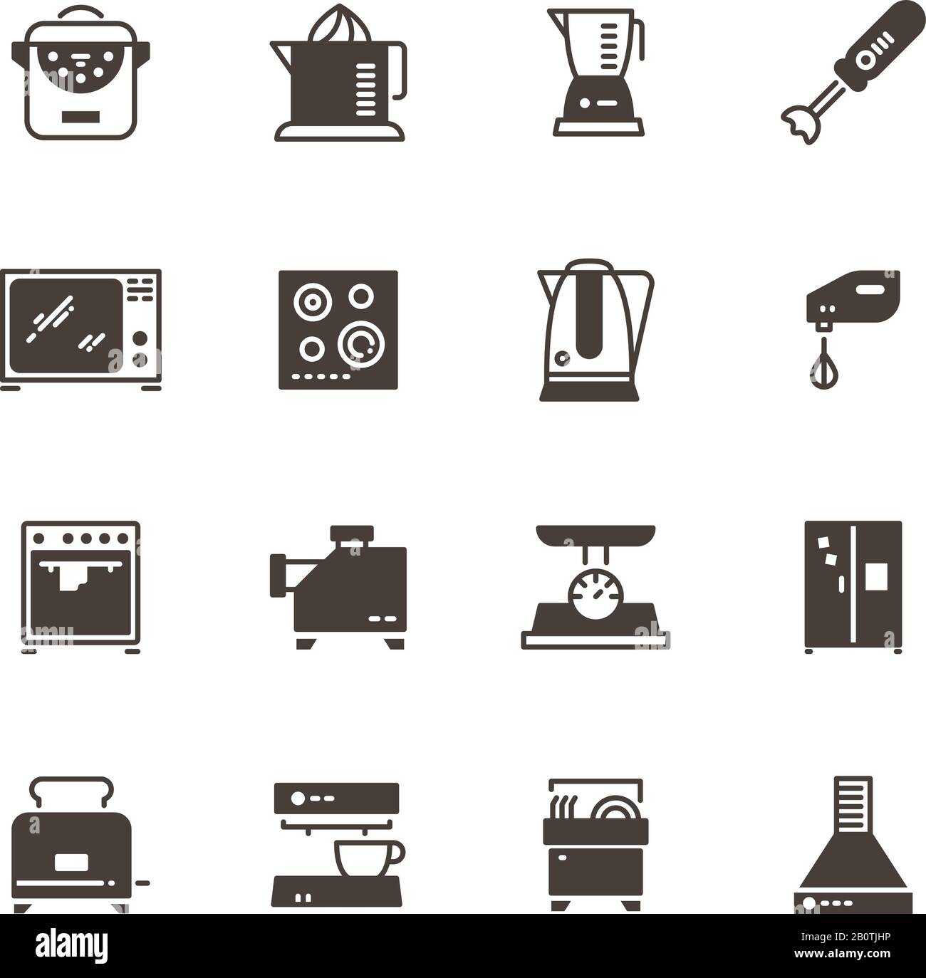 Les appareils de cuisine ont isolé des icônes de silhouette vectorielle. Équipement de cuisine réfrigérateur et machine à café, lave-vaisselle et grille-pain illustration Illustration de Vecteur