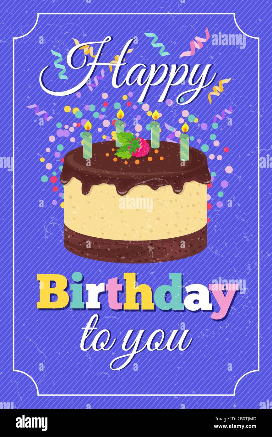Carte De Vœux Retro Joyeuse Fete D Anniversaire Vectorielle Avec Gateau De Dessin Anime Et Bougies Brulees Bonne Banniere D Anniversaire Avec Illustration De Gateau Au Chocolat Image Vectorielle Stock Alamy