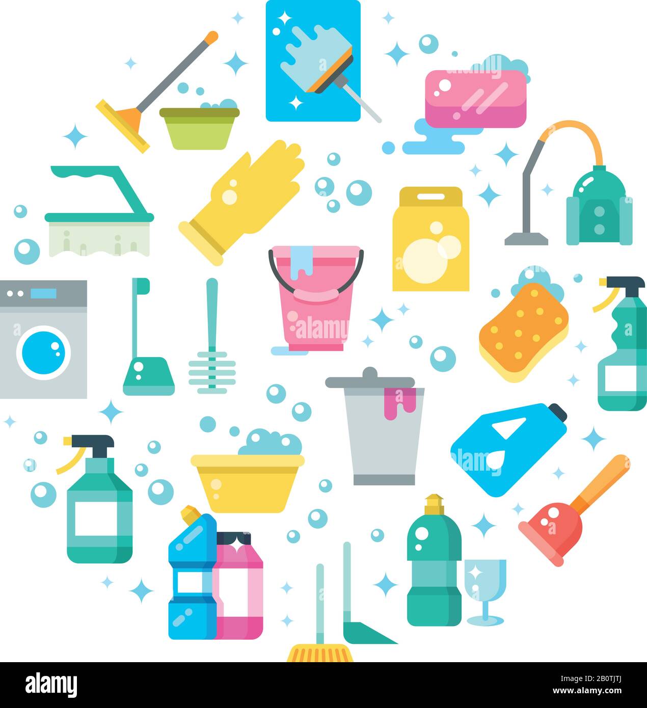 Nettoyez le concept de maison avec les icônes vectorielles des outils de nettoyage et de lavage. Illustration de l'équipement d'entretien ménager, du lavage et du nettoyage Illustration de Vecteur
