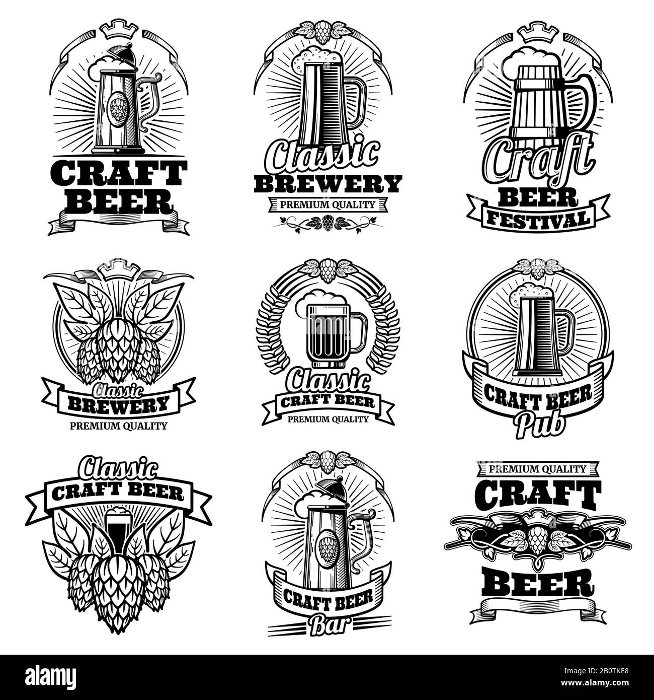 Emblèmes vectoriels du pub de la bière rétro. Étiquettes de brassage traditionnelles vintage. Bière emblème alcool, étiquette de l'illustration de la bière du festival Illustration de Vecteur