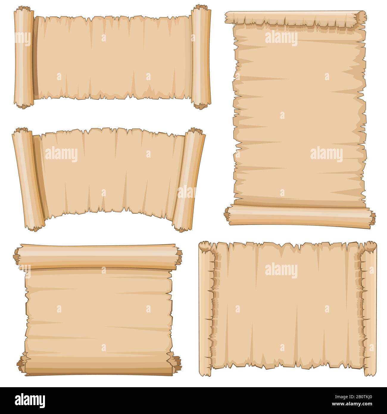 Vieux rouleaux de dessins animés vierges de jeu de vecteurs de papier de papyrus. Feuille de papyrus vierge, illustration du parchemin ancien Illustration de Vecteur