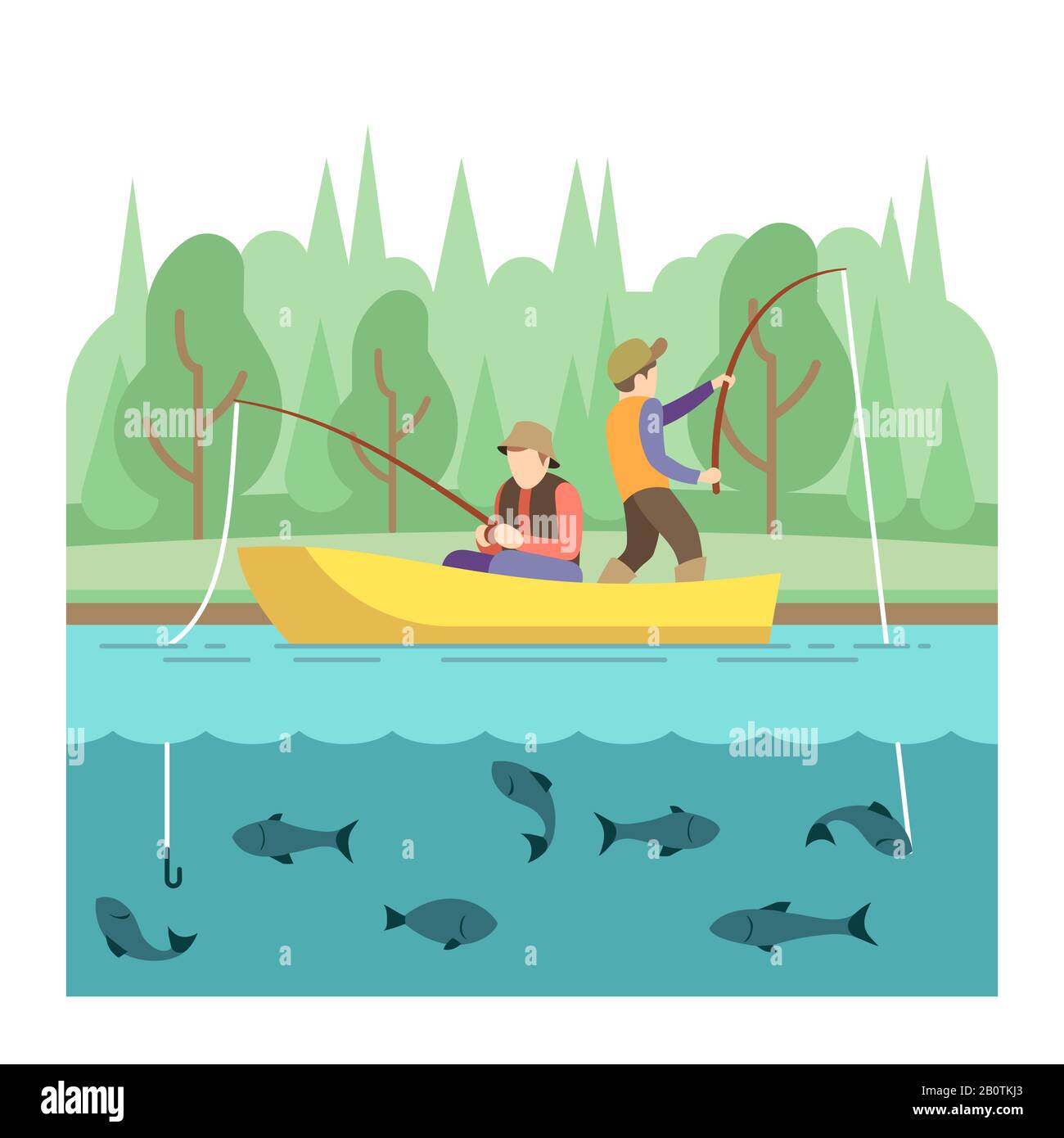 Activités d'été en plein air. Concept vectoriel de sport de pêche. Pêche d'été, illustration bateau de rivière extérieur Illustration de Vecteur