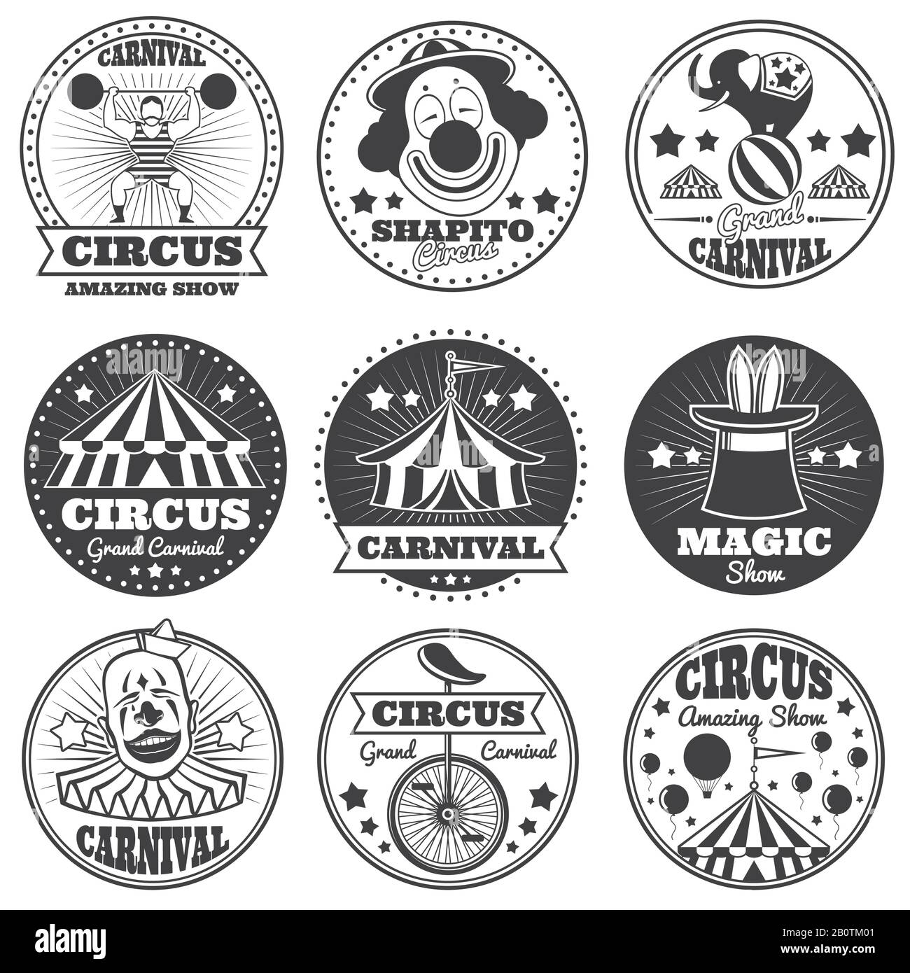 Étiquettes de cirque magique vintage. Logo et badges vectoriels pour les fêtes de fin d'année. Montrer le label rétro du carnaval, l'illustration de l'écusson du cirque du festival vintage Illustration de Vecteur