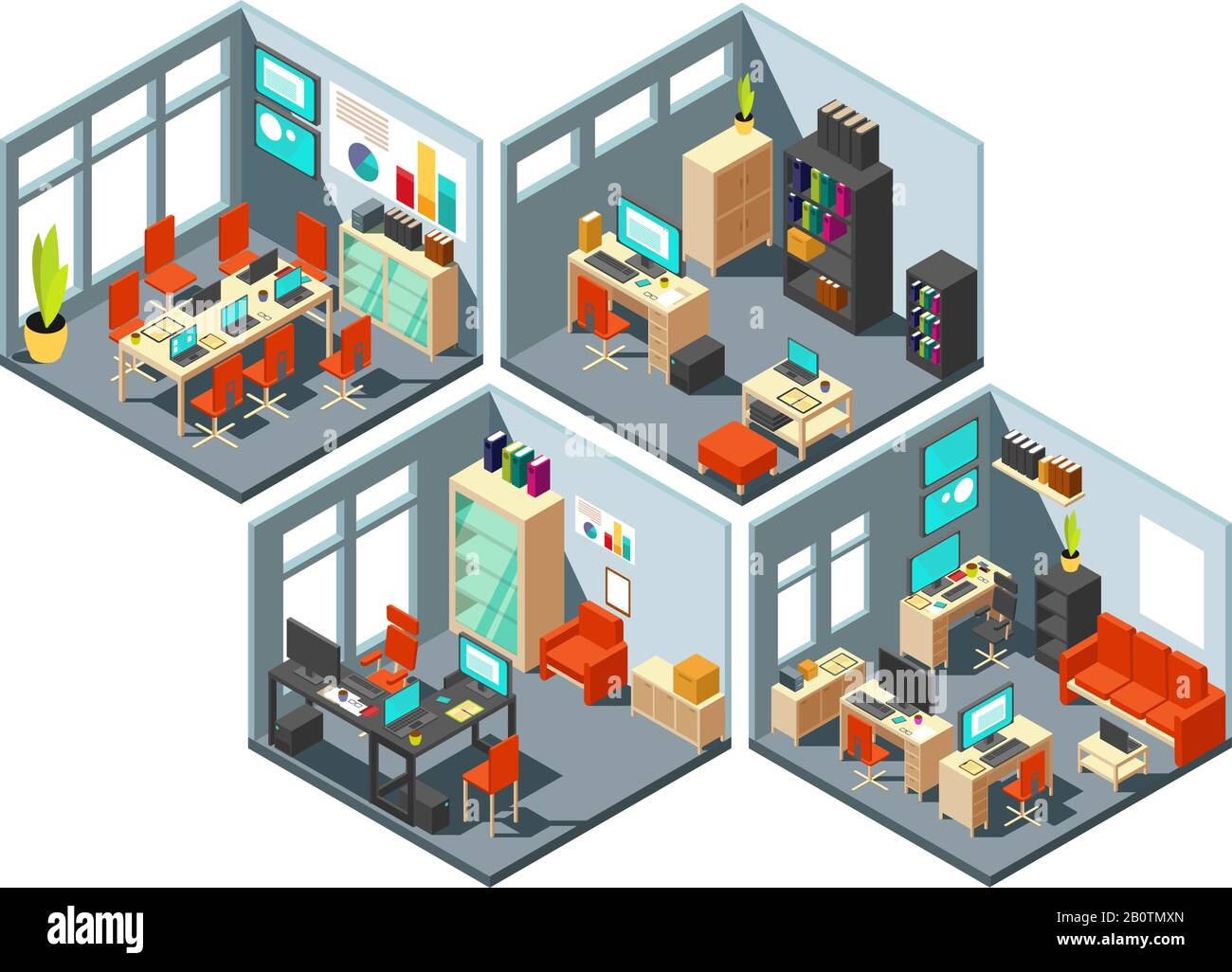 Bureaux commerciaux isométriques avec différents espaces de travail. plan de bureau vectoriel en trois dimensions. Bureau isométrique avec illustration intérieure de la pièce Illustration de Vecteur