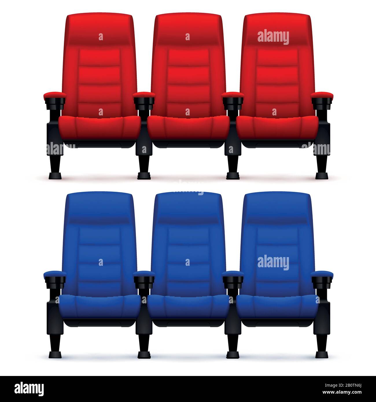 Salles de cinéma, chaises confortables vides. Illustration vectorielle des sièges vidéo réalistes. Chaise vide rouge et bleu pour le théâtre de cinéma de siège Illustration de Vecteur