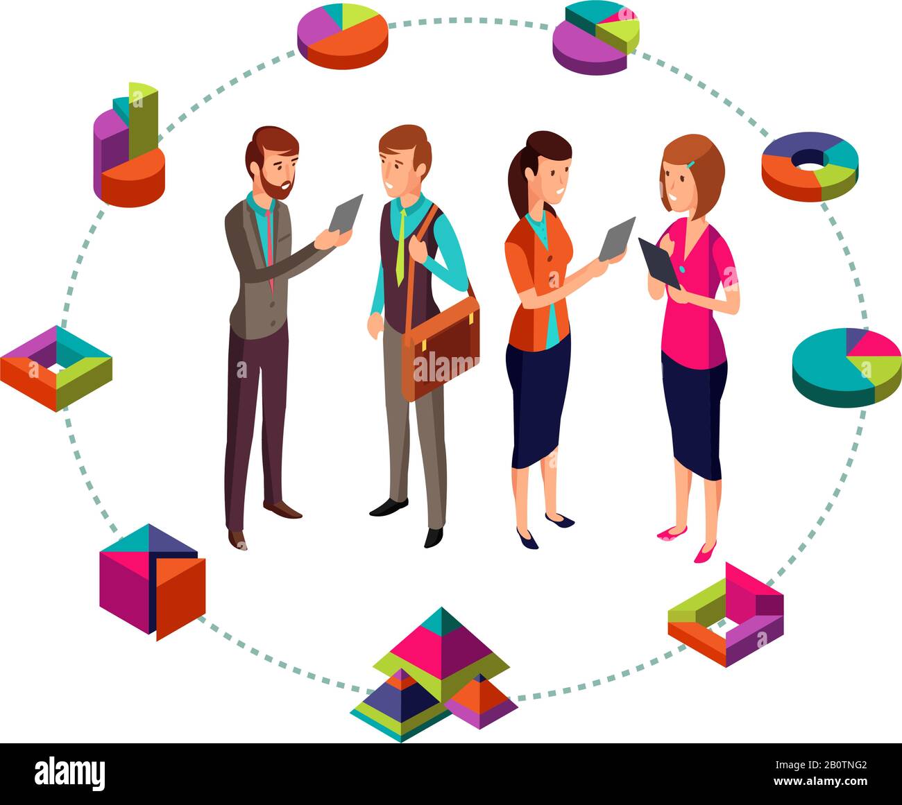 L'analyste commercial isométrique a vectoriel le concept moderne avec l'équipe d'affaires et des graphiques en trois dimensions. Les personnes de l'équipe d'affaires et l'illustration graphique et graphique des couleurs Illustration de Vecteur