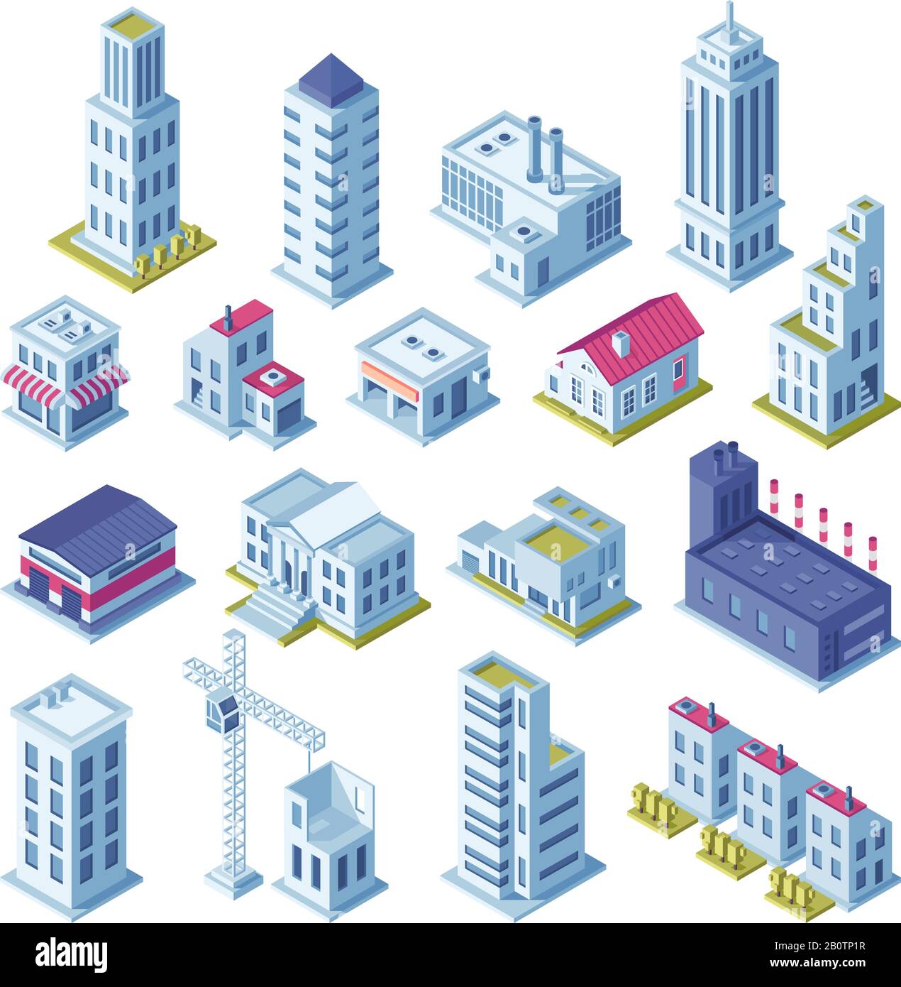 Projection isométrique des bâtiments urbains pour la carte. Maisons, zone de fabrication, stockage, rues et gratte-ciel bâtiment isolé vecteur ensemble Illustration de Vecteur