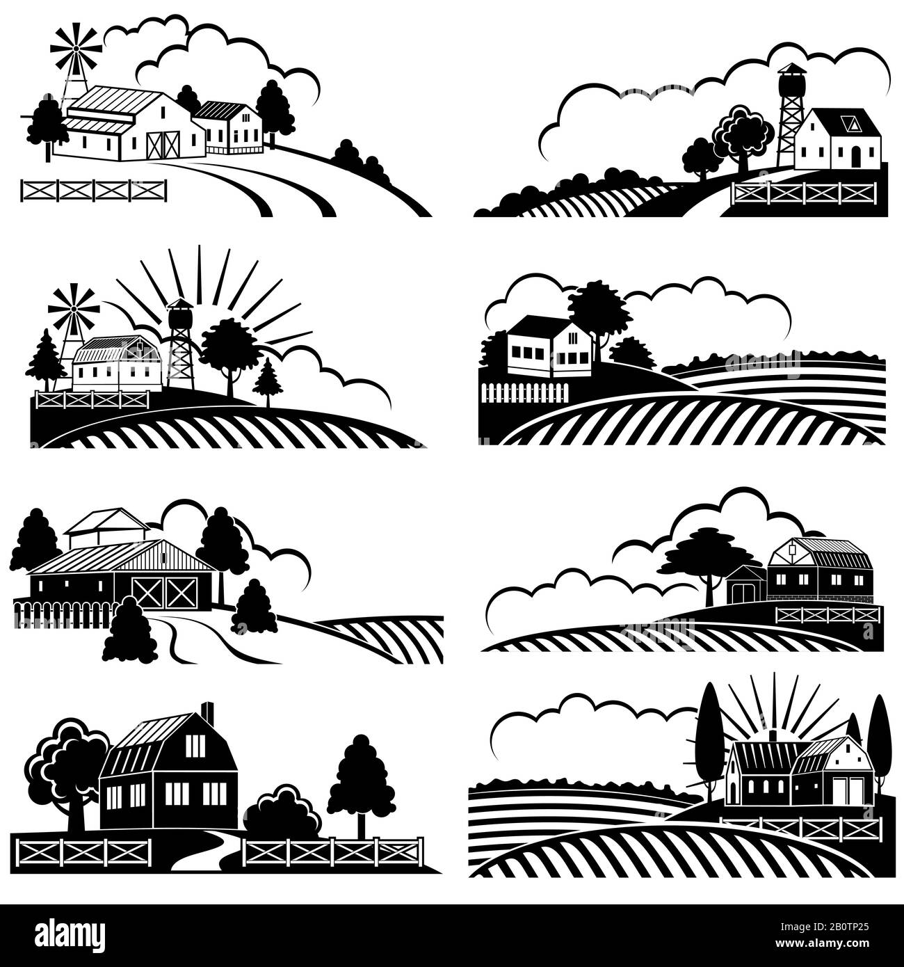 Paysages ruraux rétro avec bâtiment agricole dans le champ. Vector vintage woodcut art champ de ferme paysagiste, illustration d'esquisse de nature rurale Illustration de Vecteur