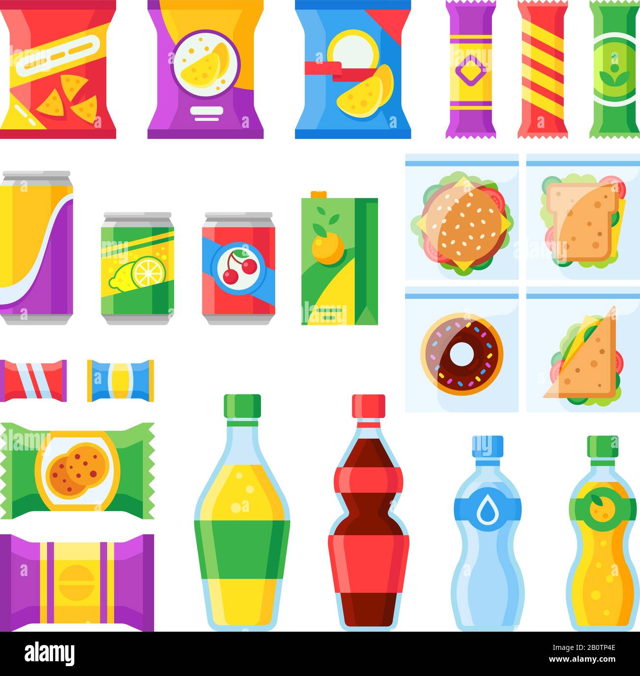 Produits de distributeur automatique. En-cas, chips, sandwichs et boissons pour le bar de la machine du vendeur. Boissons froides et en-cas dans des icônes vectorielles en plastique Illustration de Vecteur