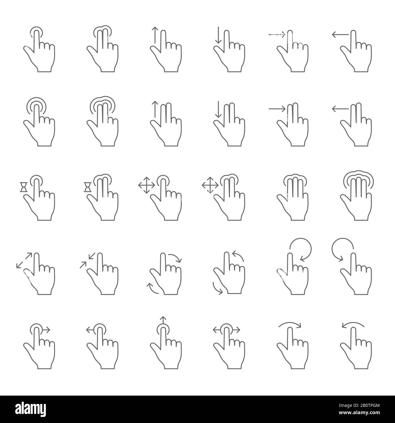 Appuyez sur les icônes de ligne vectorielle des gestes de la main. Touchez les pictogrammes de mouvements des doigts avec les flèches de défilement. Faites glisser votre doigt et faites-le glisser, maintenez le doigt appuyé sur l'illustration de l'écran sensoriel Illustration de Vecteur