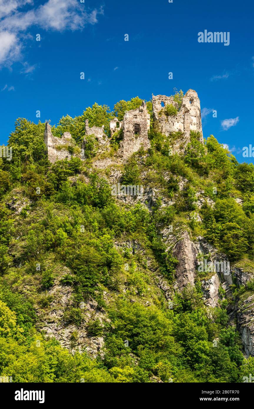Starhrad (ancien château) sur le sommet de la montagne au-dessus de la rivière Vah, les montagnes de Mala Fatra, près du village de Strecno, région de Zilina, Slovaquie Banque D'Images