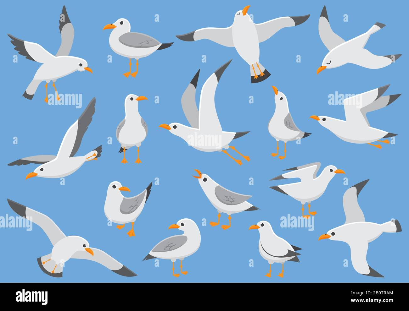 Les oiseaux de mer blancs de l'Atlantique volent dans le ciel. Plage au quai. Oiseaux de mer, illustration vectorielle mouette Illustration de Vecteur