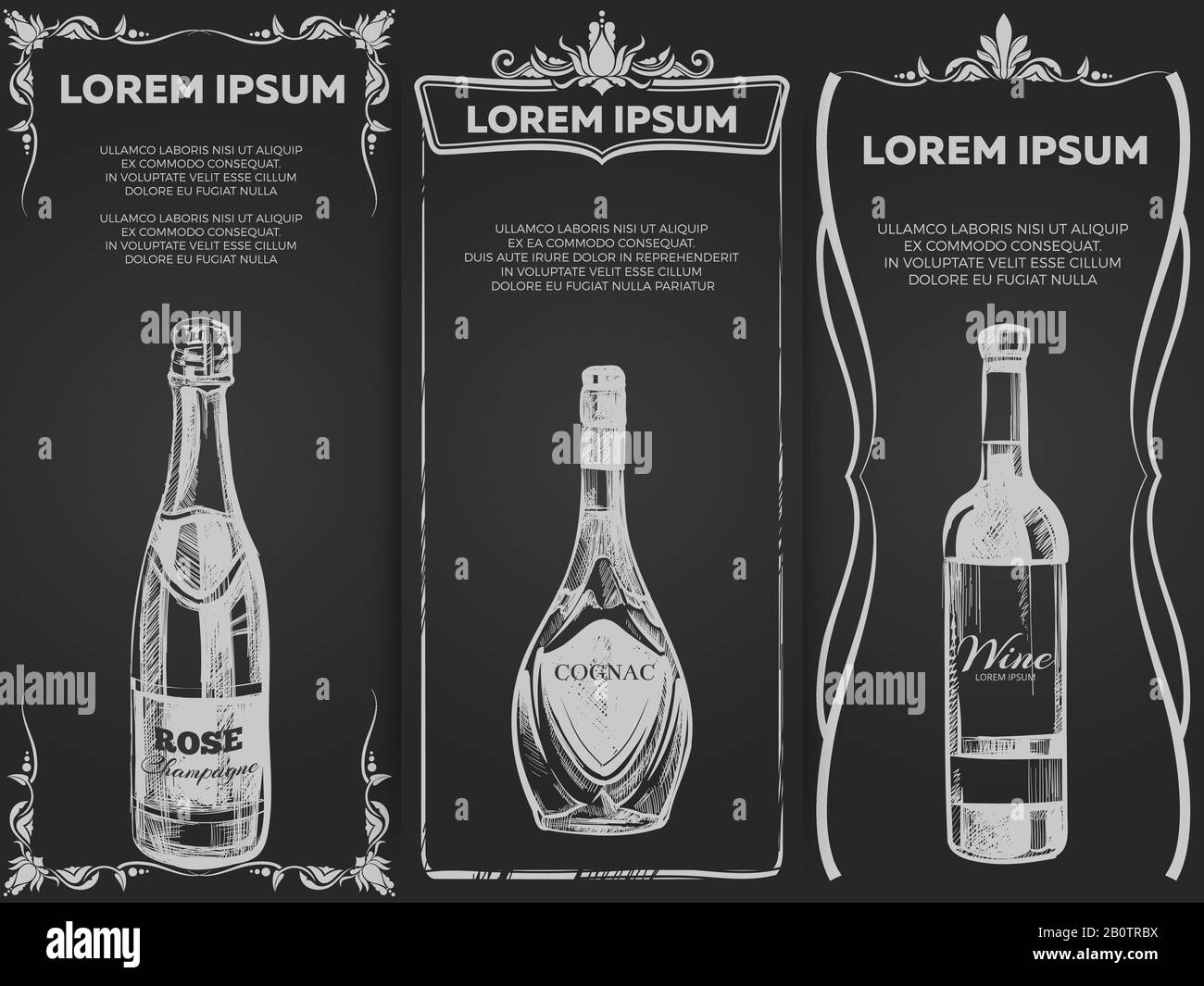 Modèle de bannières de boissons alcoolisées d'élite dessinées à la main. Modèle d'affiche de dessin pour le menu à barres. Illustration vectorielle Illustration de Vecteur