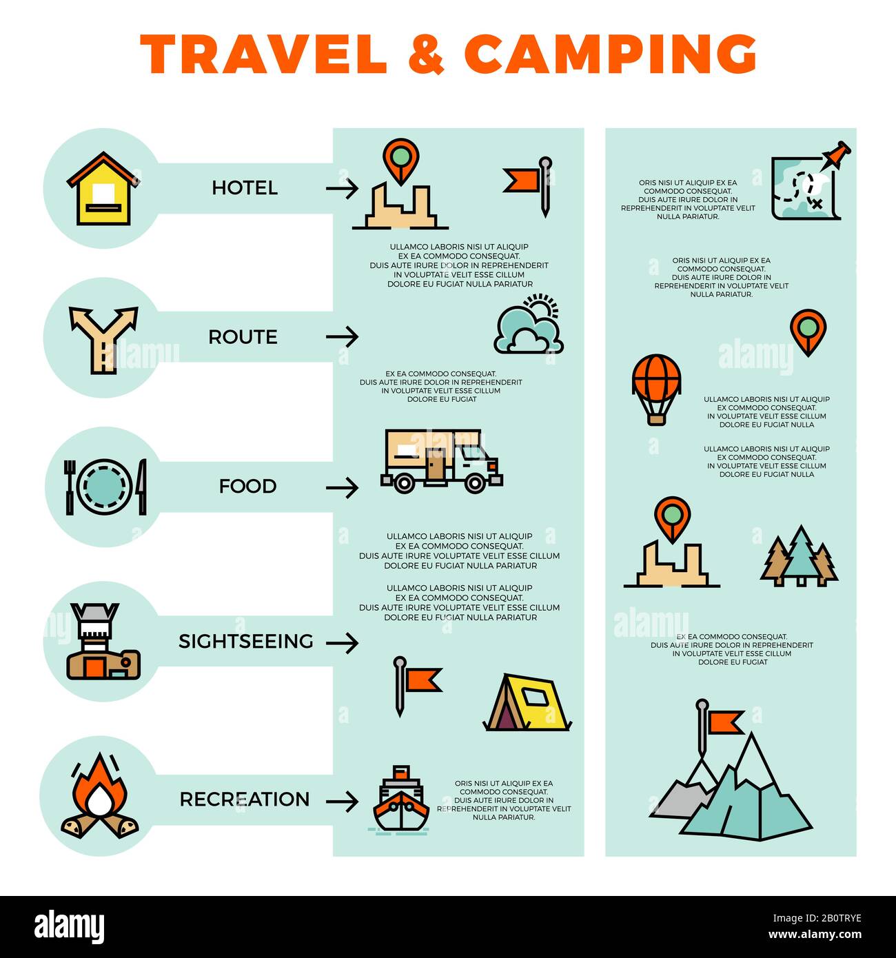 Infographie colorée sur les voyages et le camping avec icônes de ligne. Aventure et tourisme de camp, illustration vectorielle Illustration de Vecteur