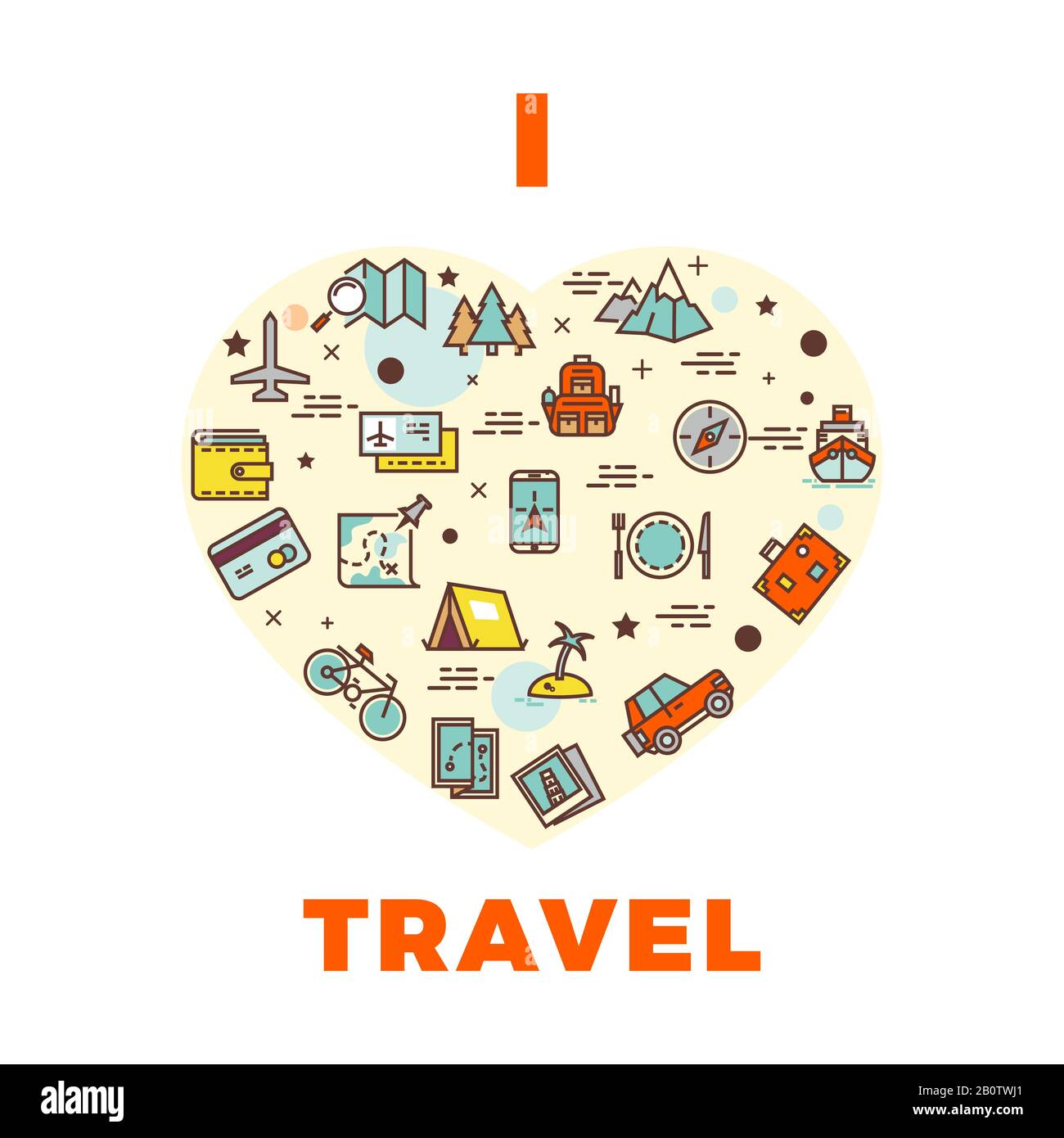 Poster de voyage ou imprimé - j'aime le design de voyage avec coeur des icônes de voyage. Illustration de l'emblème du tourisme et des vacances Illustration de Vecteur