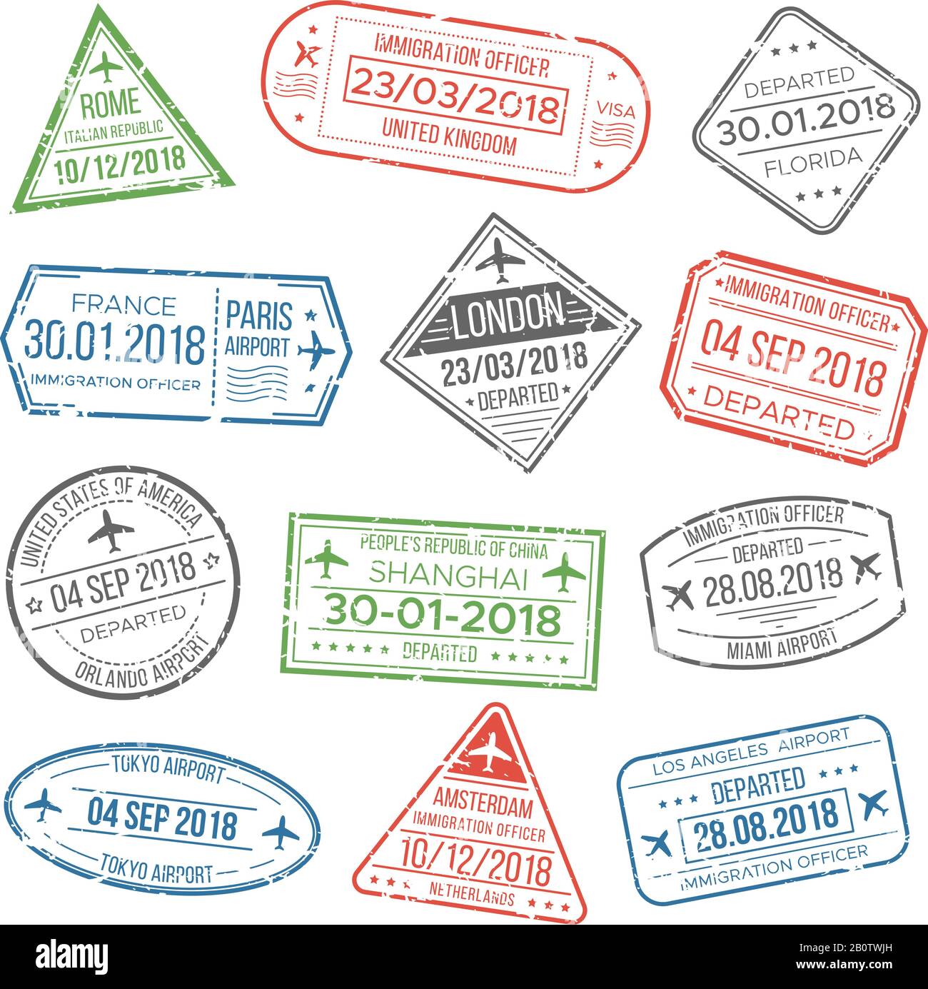 Visa Voyage cachet passeport signes ou l'aéroport timbres avec pays de cadrage. Set vectoriel de modèle de cachet et de marque de poste international vintage Illustration de Vecteur
